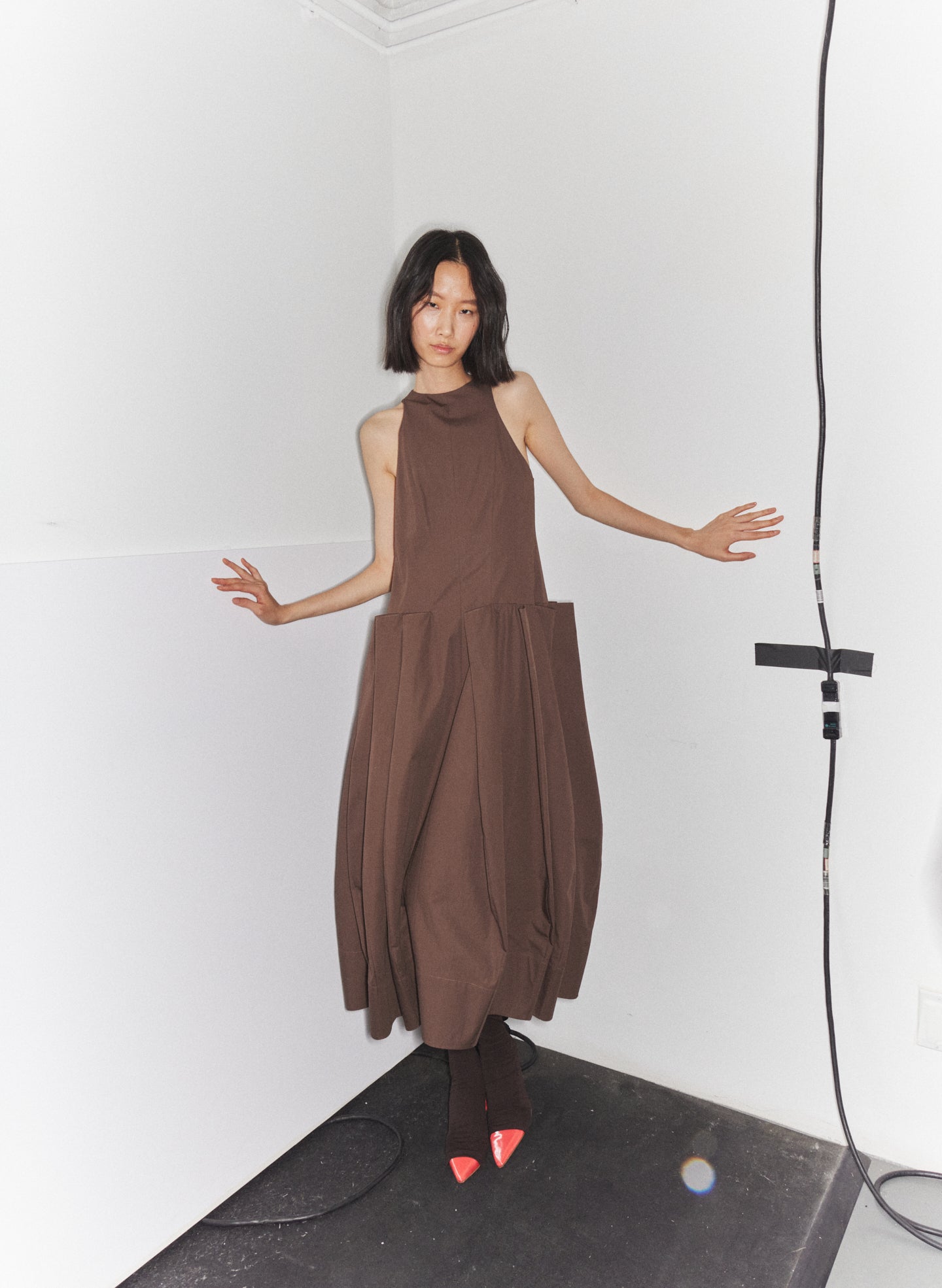 Sepia Brown Compact Eco Poplin Pinched Pleat Dress - editorial image on model