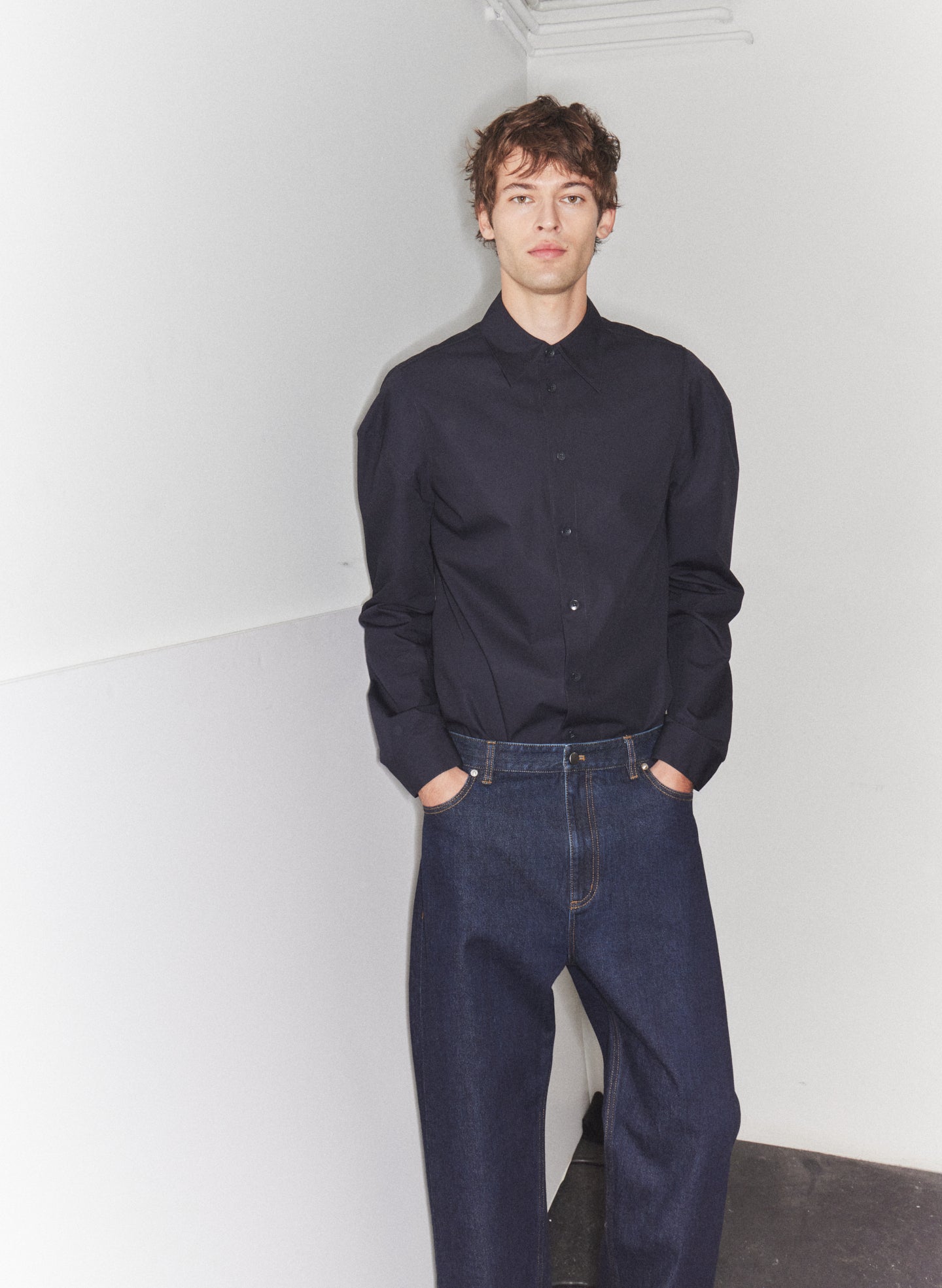 Navy Compact Eco Poplin Hinged Shirt - editorial campaign on model