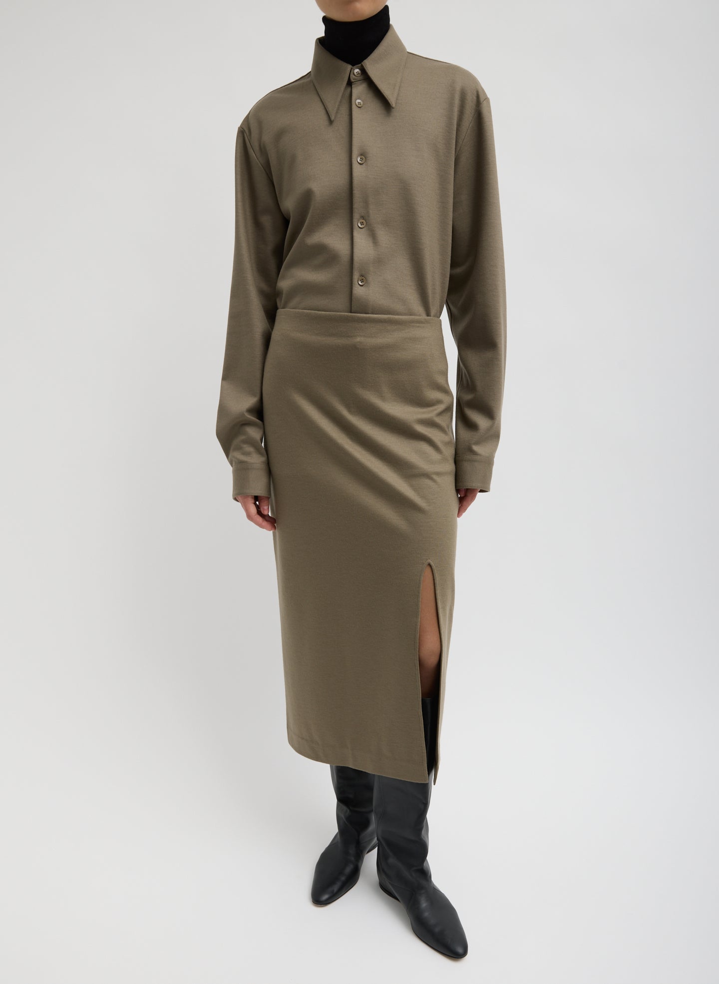 Khaki Double Knit Midi Pencil Skirt - side slit, front view on model
