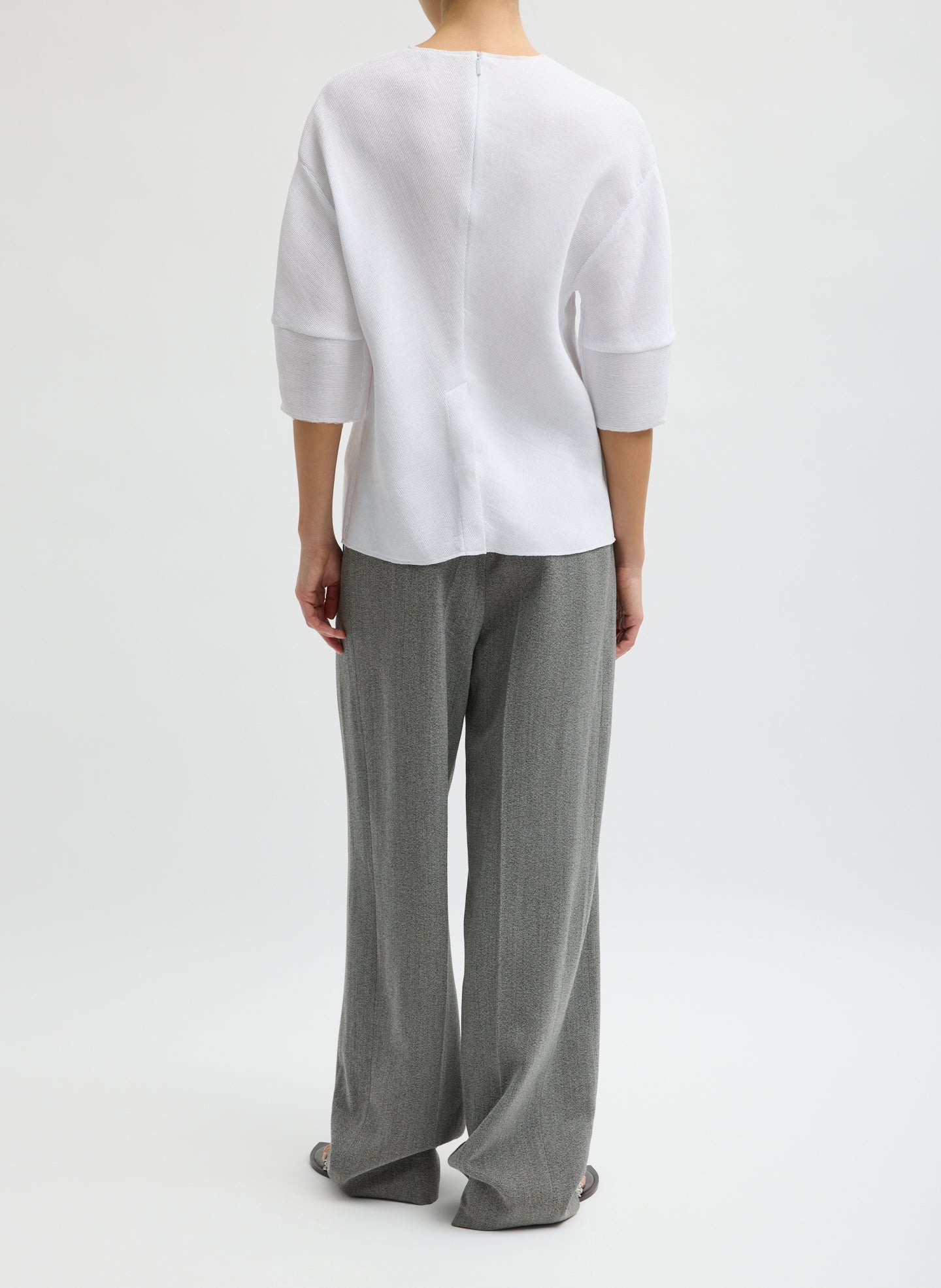 White Viscose Plisse Hinged Short Sleeve Top - full look, back view on model