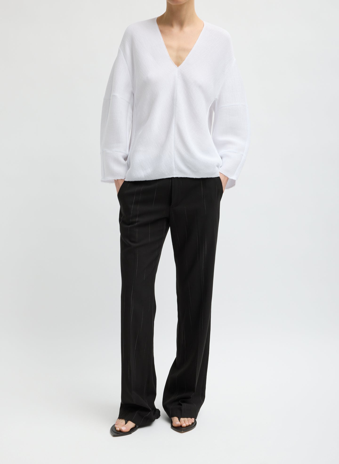 White Viscose Plisse Hinged Long Sleeve Top - full look, front view on model