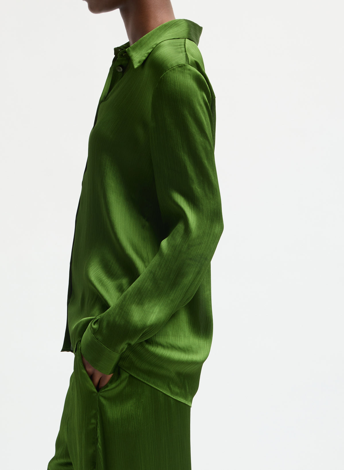 Green Matte Satin Plisse Slim Shirt - long sleeve button down top, side view on model