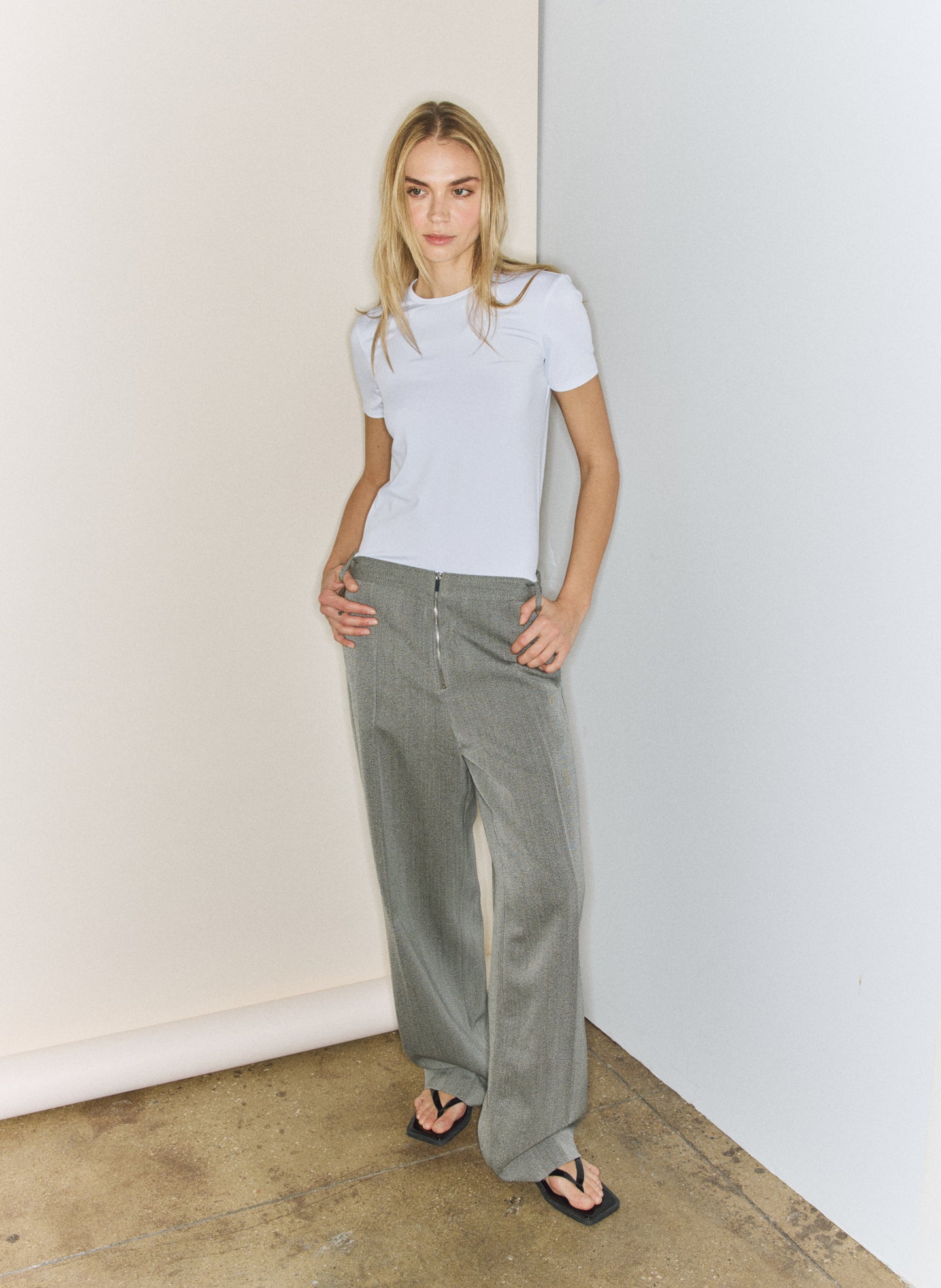 Grey Structured Wool Zip Front Trouser - editorial image on model