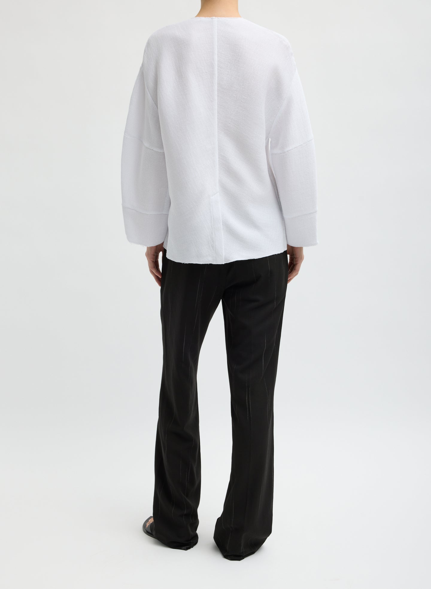 White Viscose Plisse Hinged Long Sleeve Top - full look, back view on model
