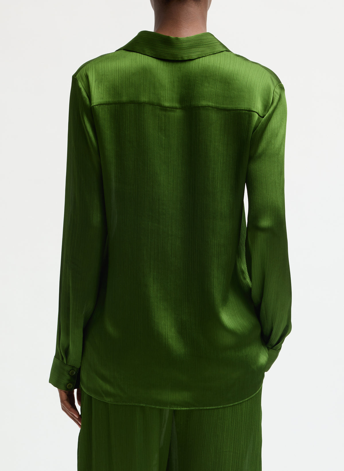 Green Matte Satin Plisse Slim Shirt - long sleeve button down top, back view on model