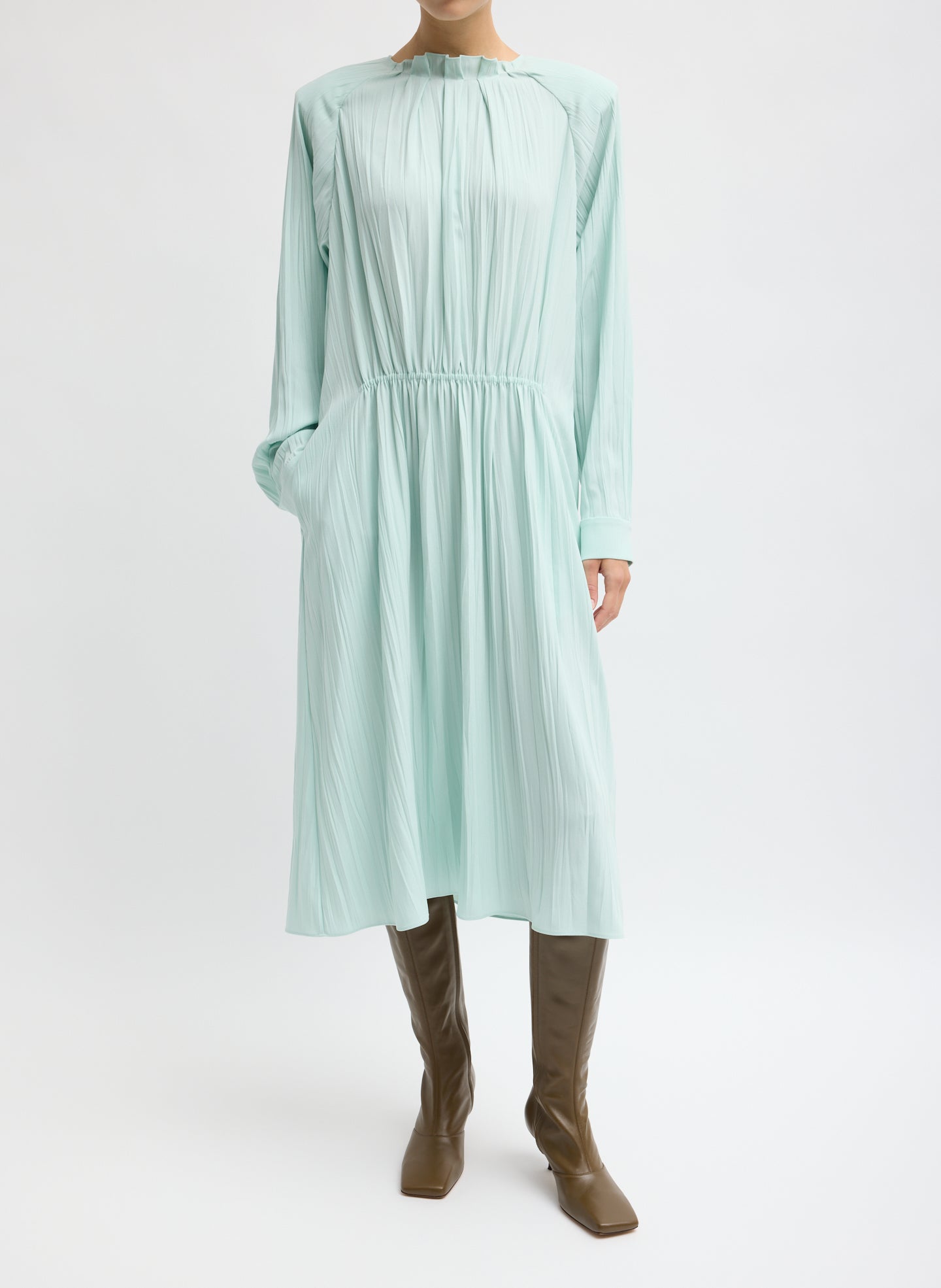 Mint Creased Acetate Drape Merryl Dress - long sleeve midi dress, front view on model