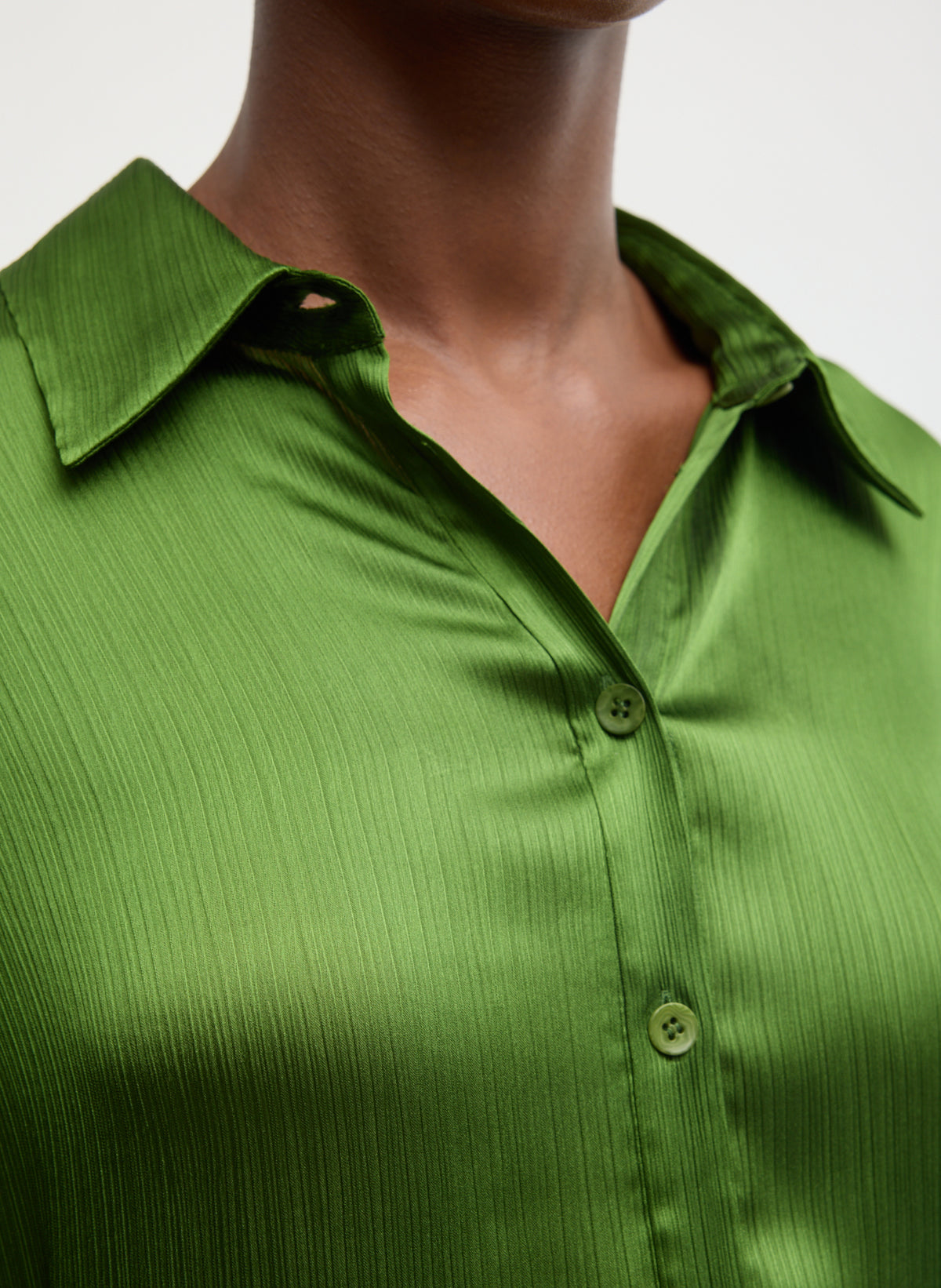Green Matte Satin Plisse Slim Shirt - close up of collar detail