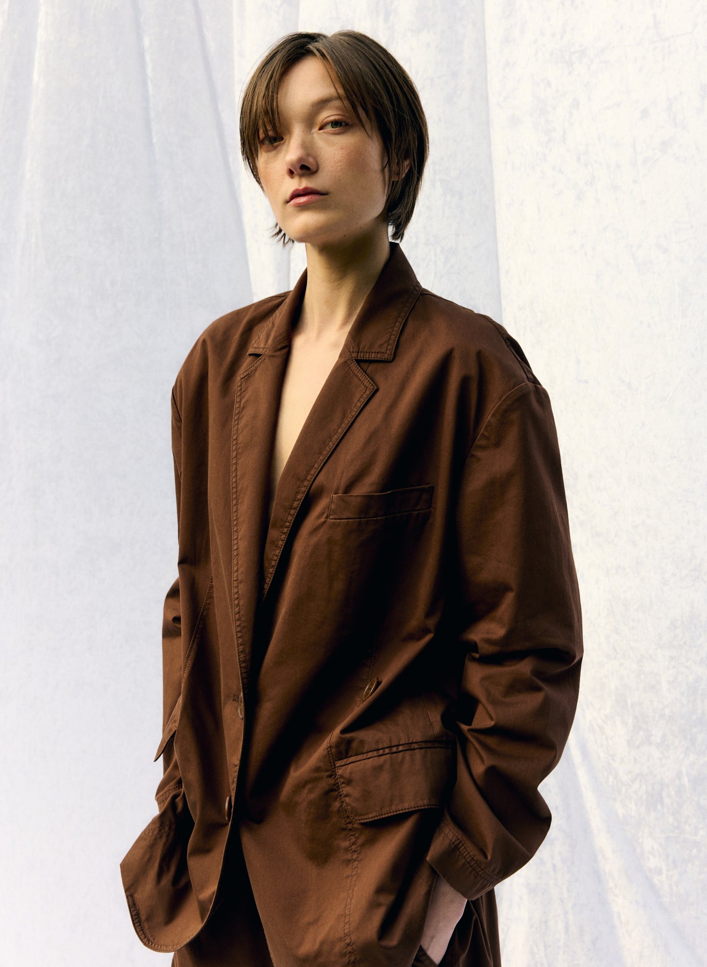 Brown Garment Dyed Silk Cotton Liam Blazer - editorial image on model