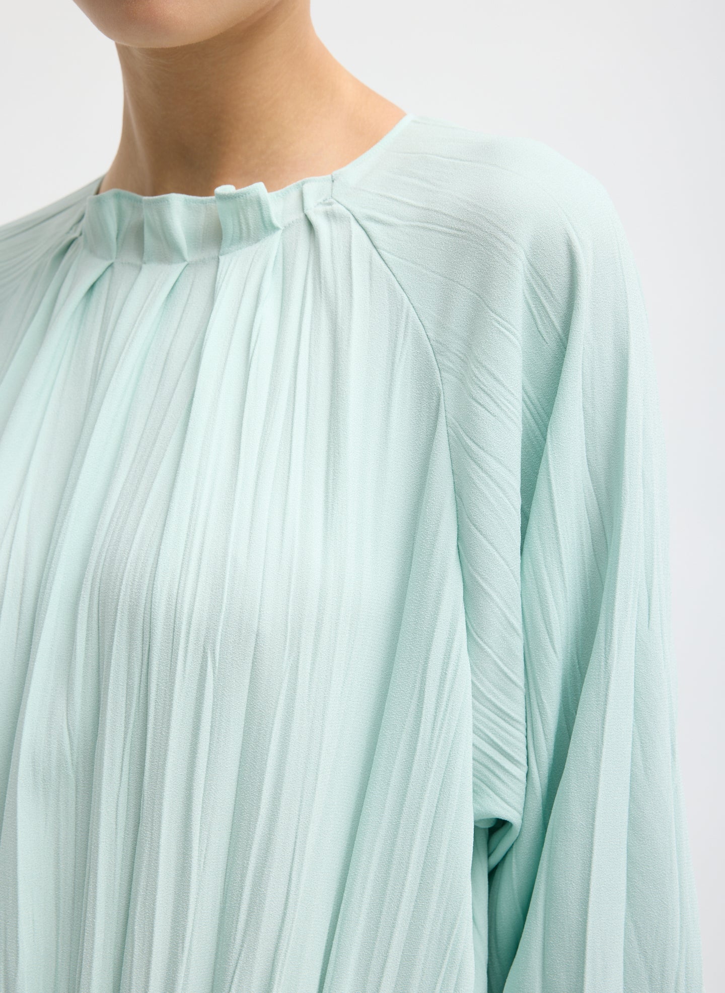 Mint Creased Acetate Drape Merryl Dress - closeup of shoulder detail