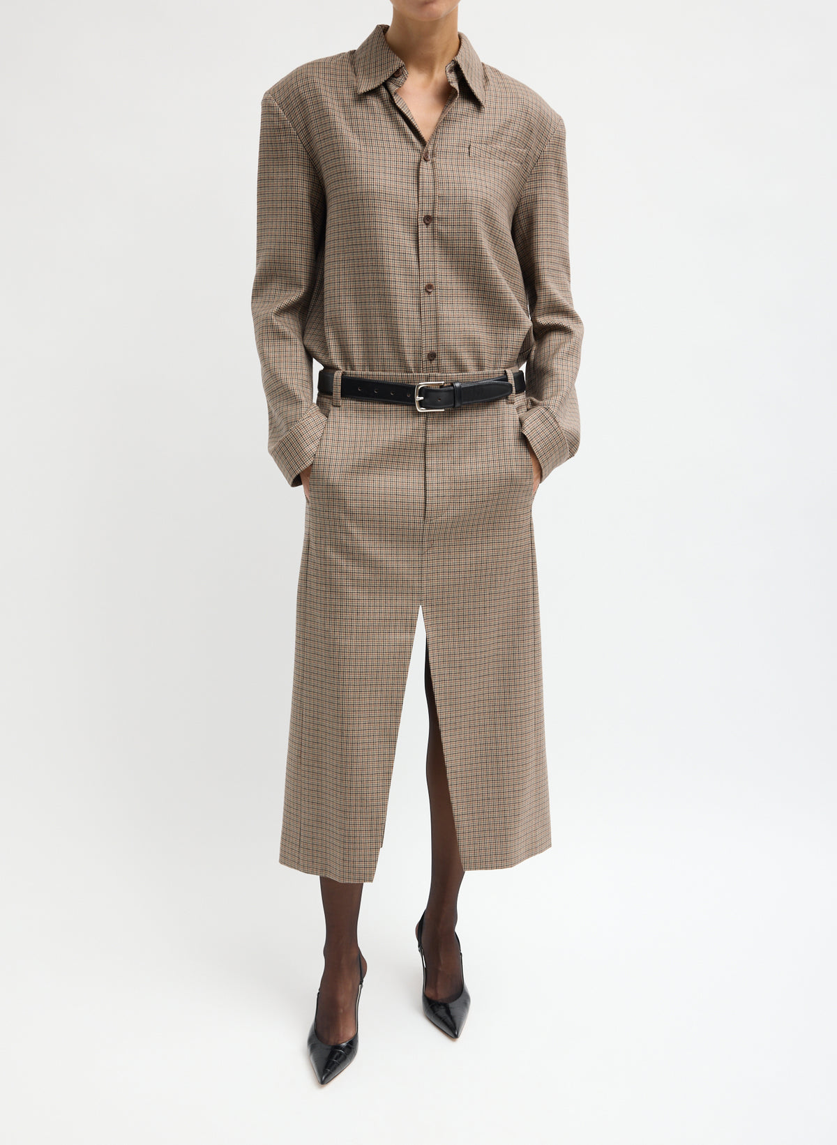 Tan Thomas Menswear Check Detached Shirt - full look, front view on model