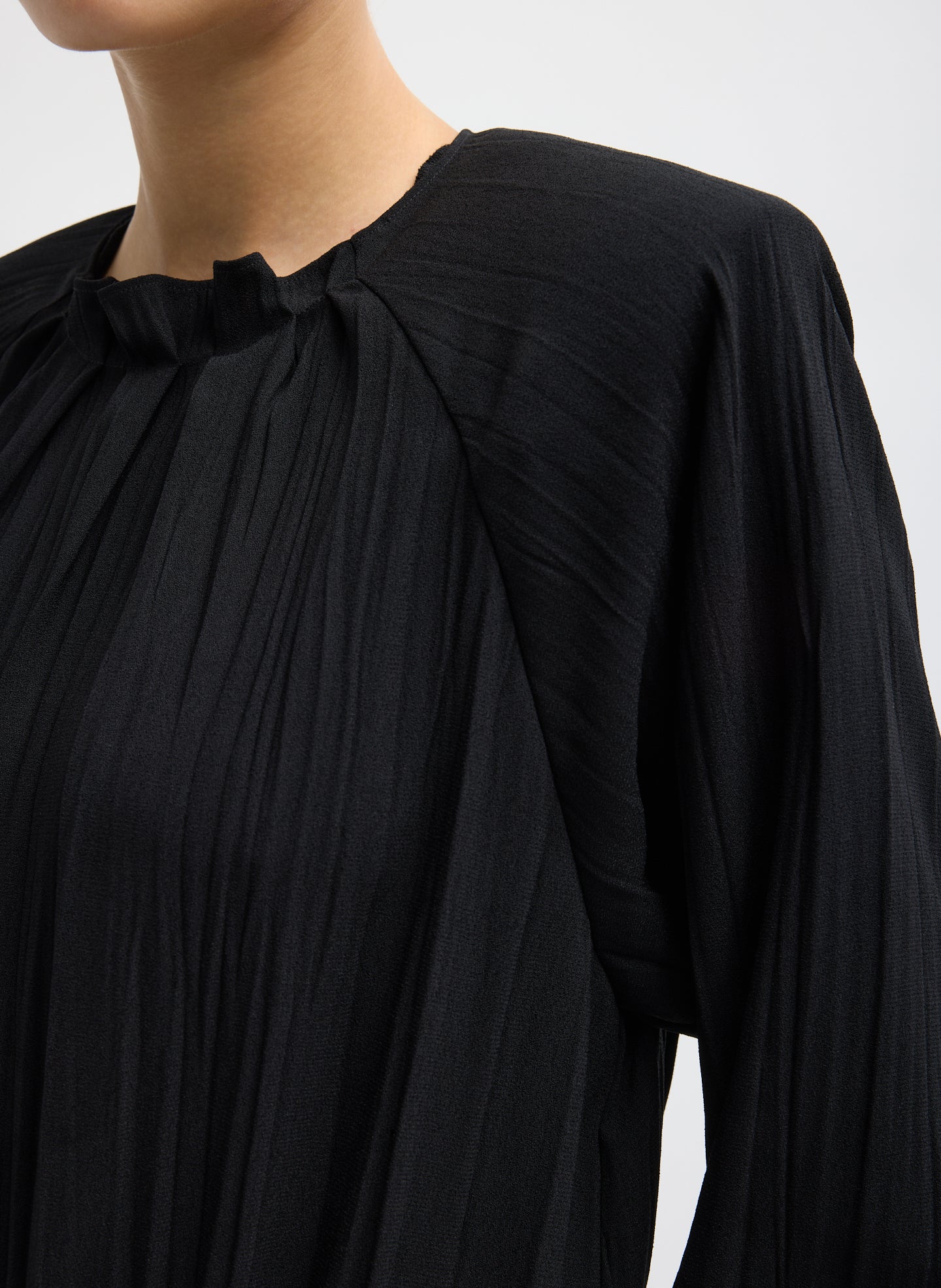 Black Creased Acetate Drape Merryl Dress - closeup of shoulder detail