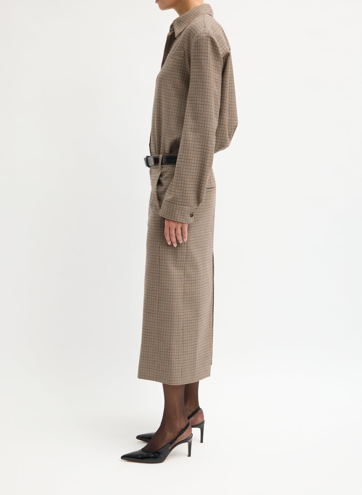 Tan Thomas Menswear Check Midi Trouser Skirt - side view on model