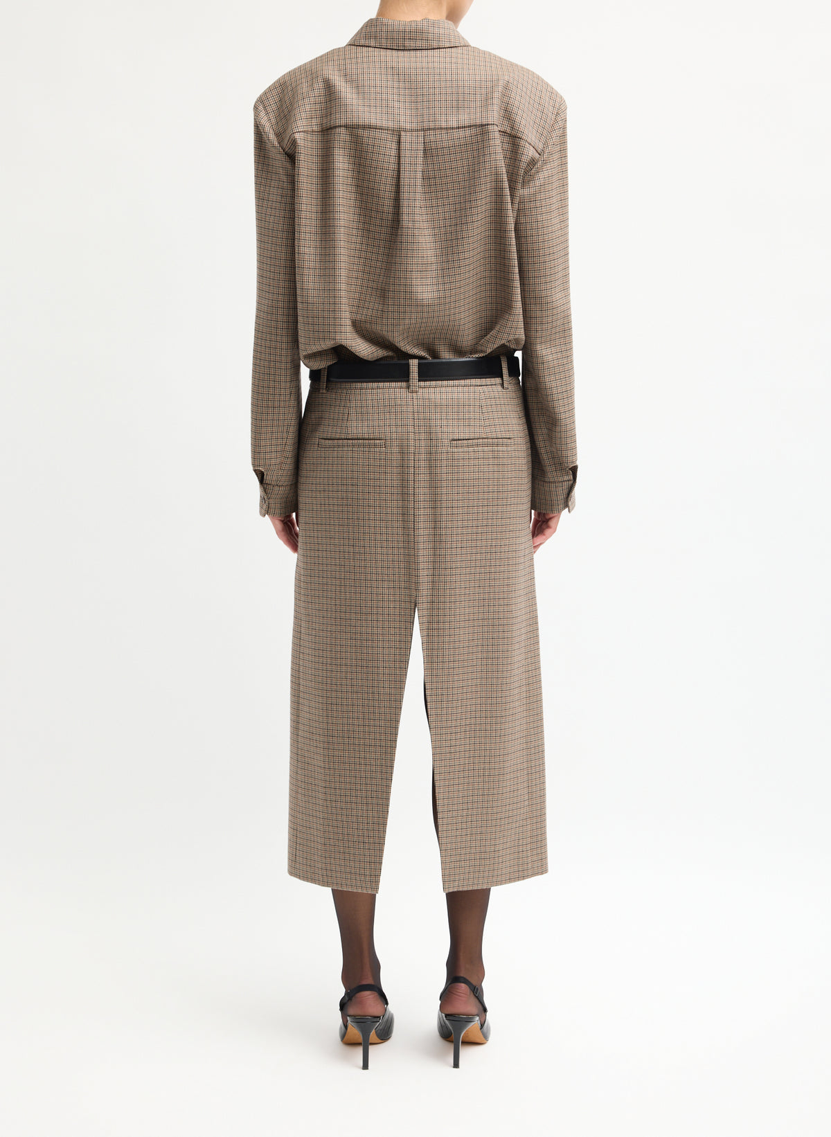 Tan Thomas Menswear Check Midi Trouser Skirt - back view on model