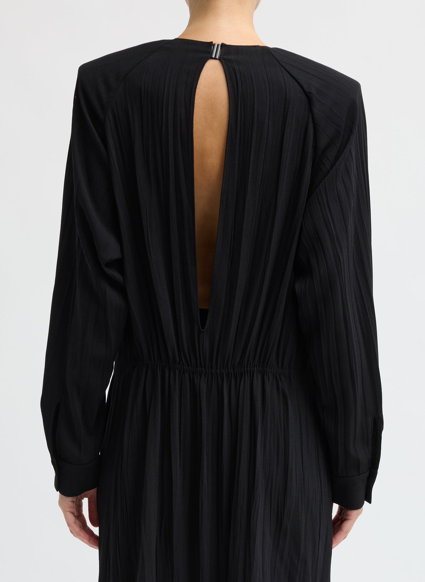 Black Creased Acetate Drape Merryl Dress - closeup of back detail