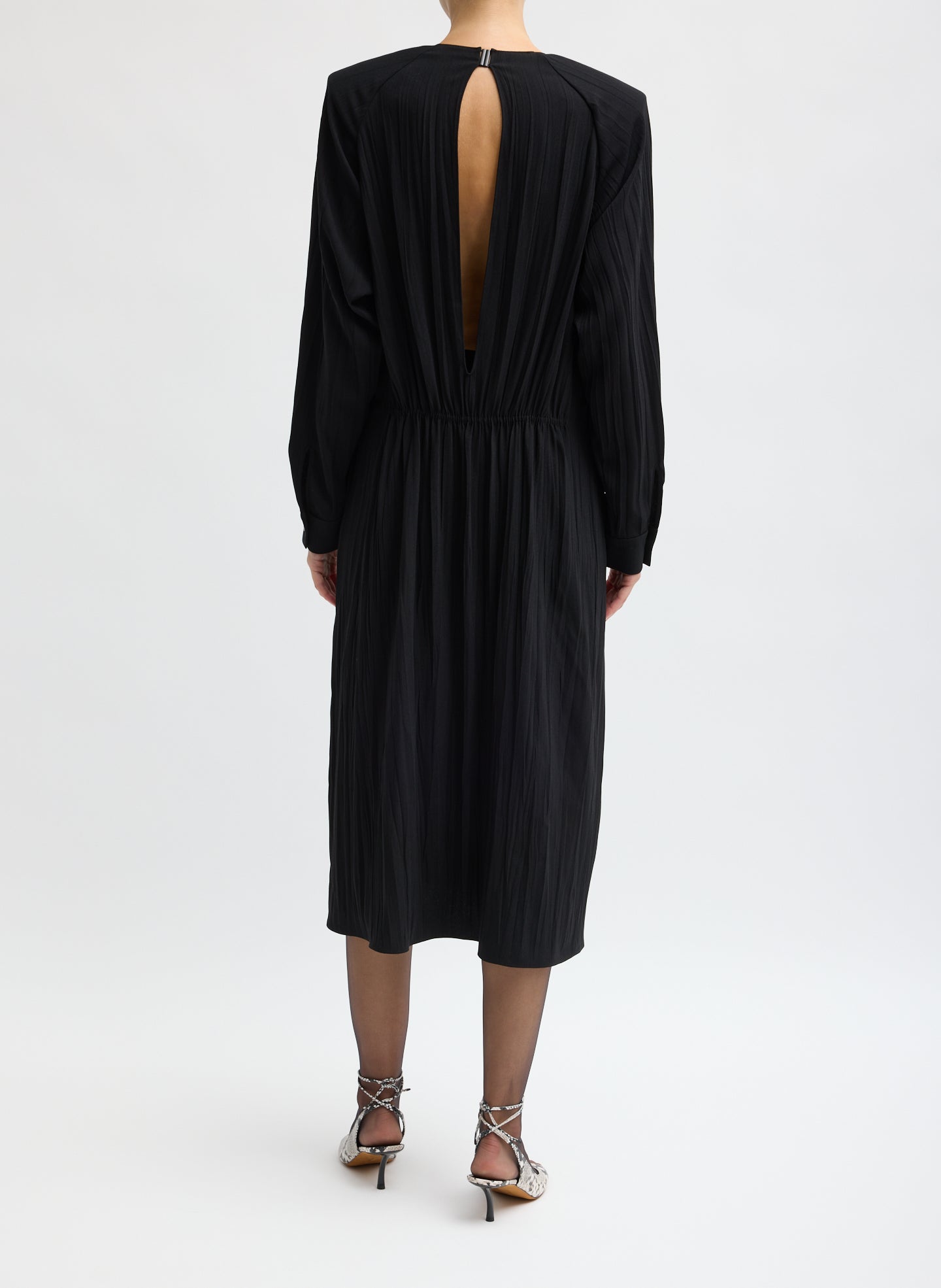 Black Creased Acetate Drape Merryl Dress - full look, back view on model