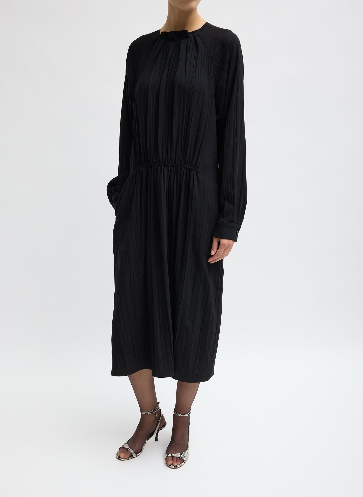 Black Creased Acetate Drape Merryl Dress - full look, front view on model