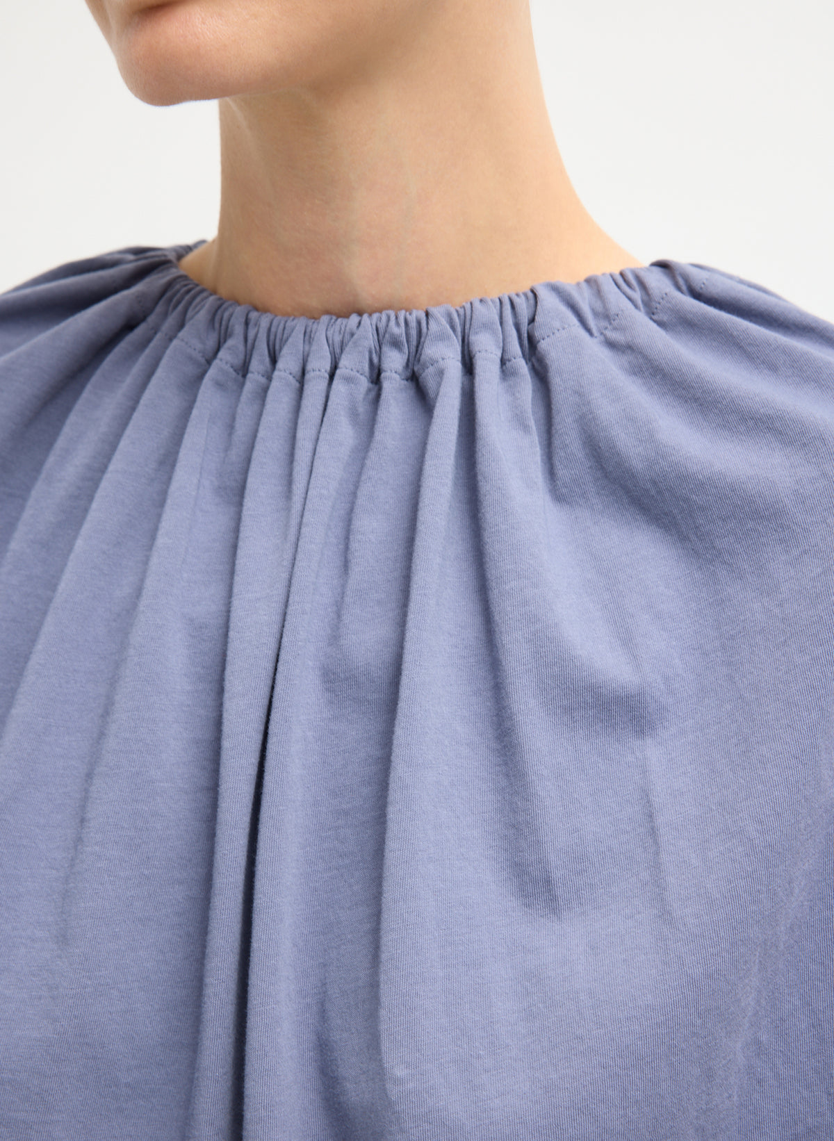 Dusty Navy Shirred Neck Circular T-Shirt - closeup of shirred neckline
