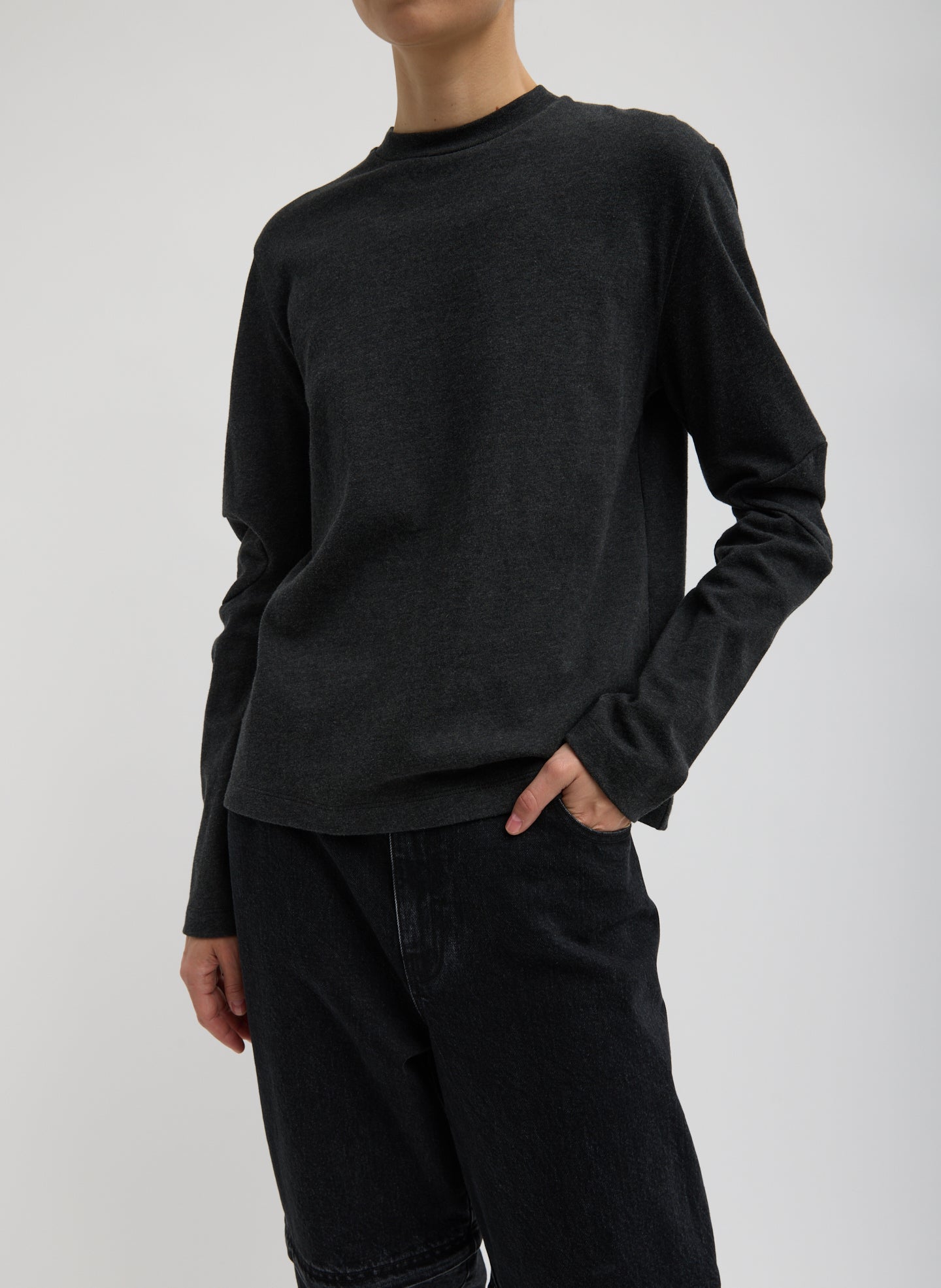 Charcoal Grey Perfect T-Shirt With Gusset Elbow Sleeve - long sleeve, front view on model