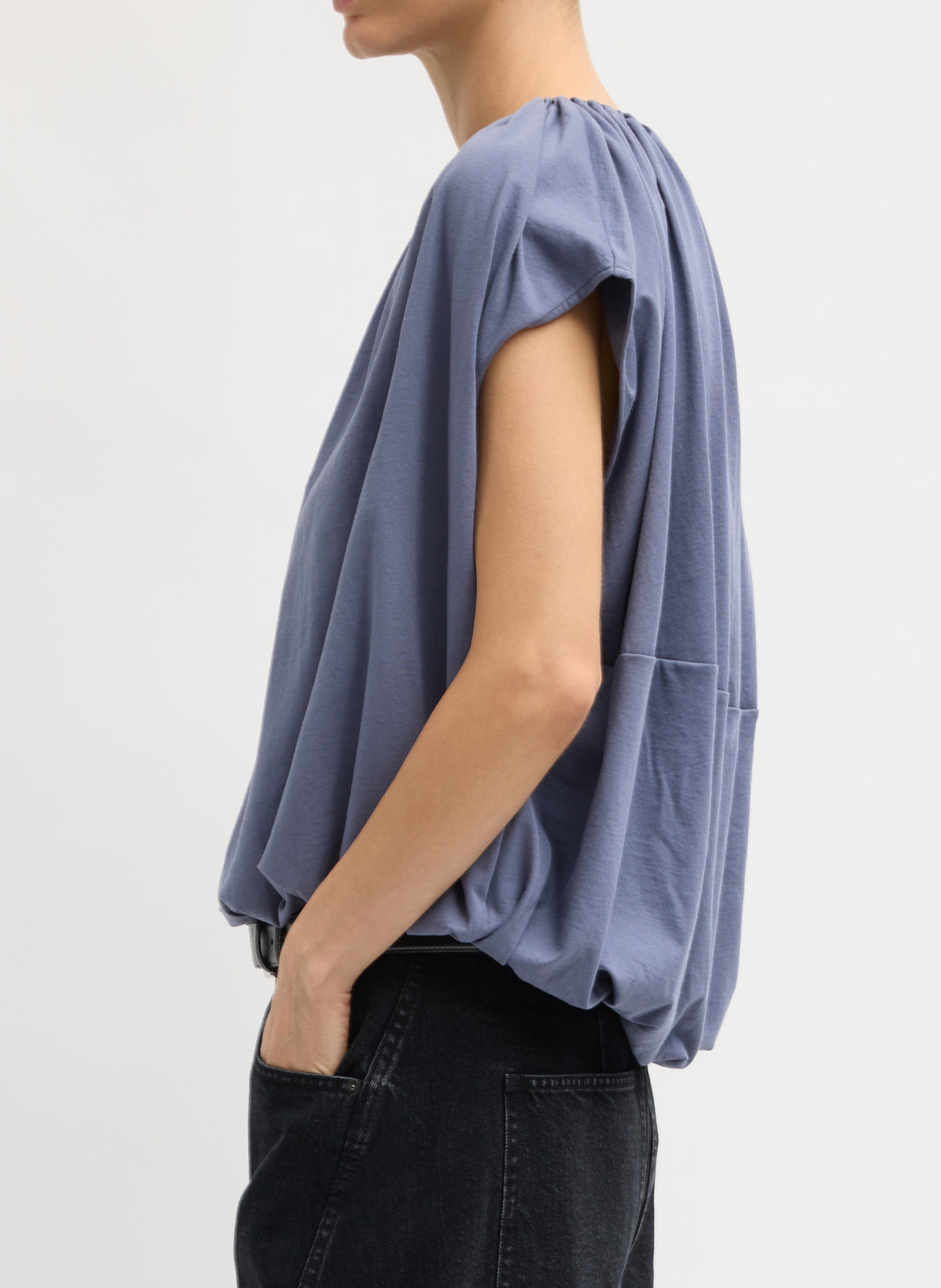 Dusty Navy Shirred Neck Circular T-Shirt - side view on model