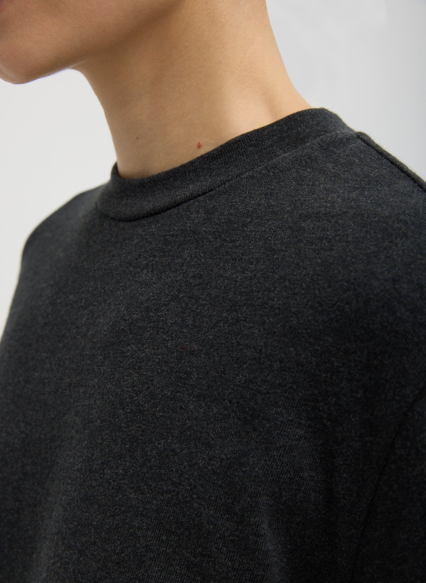 Charcoal Grey Perfect T-Shirt With Gusset Elbow Sleeve - closeup of crewneck neckline