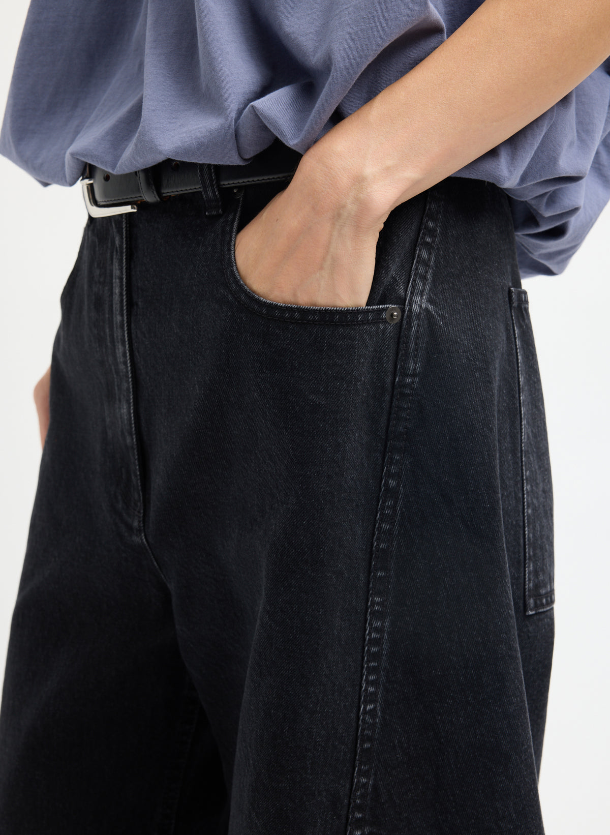 Black Denim Sid Jean - black wash barrel leg jean, closeup of pocket detail
