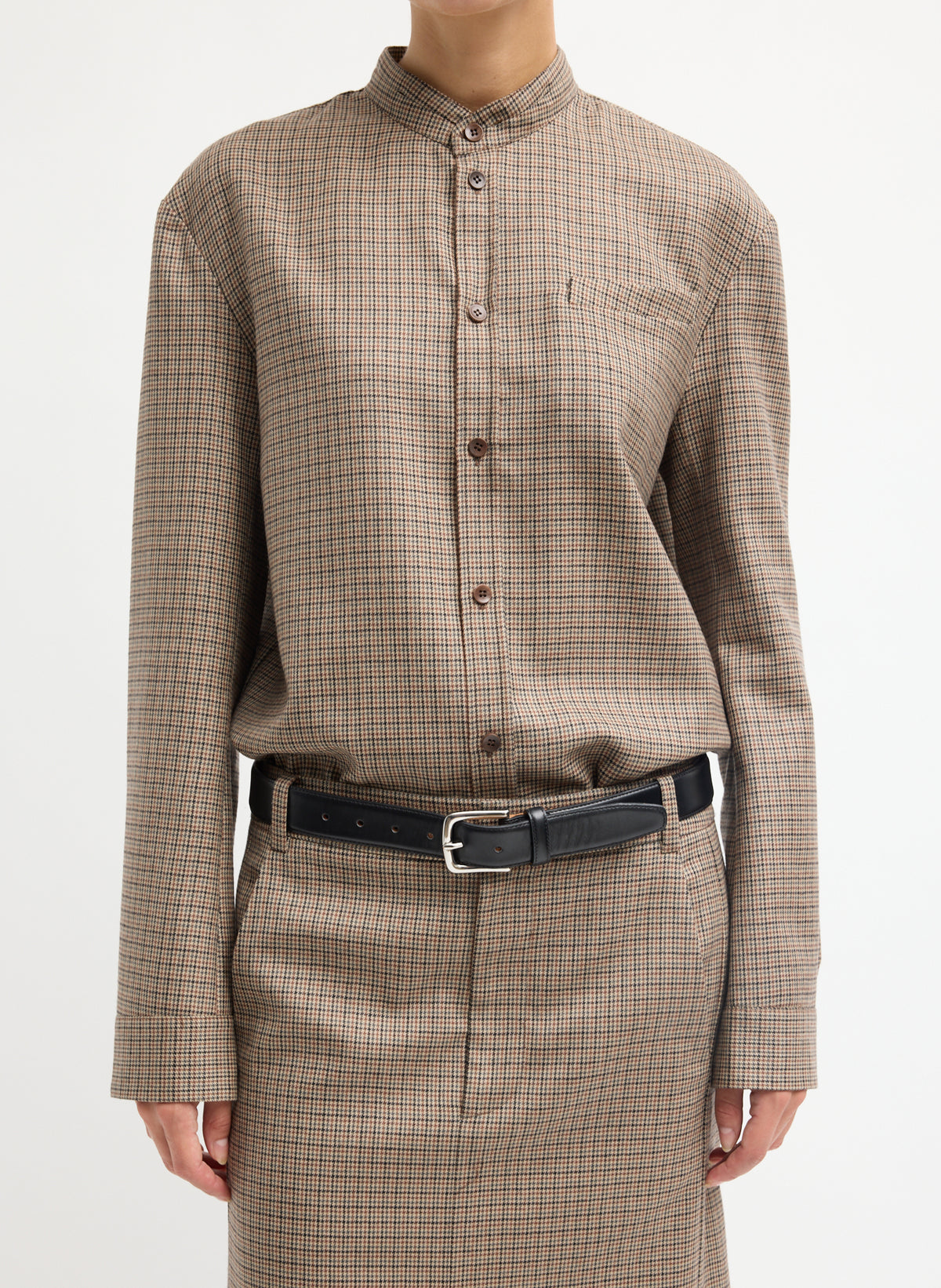 Tan Thomas Menswear Check Detached Shirt - button down long sleeve top, front view on model