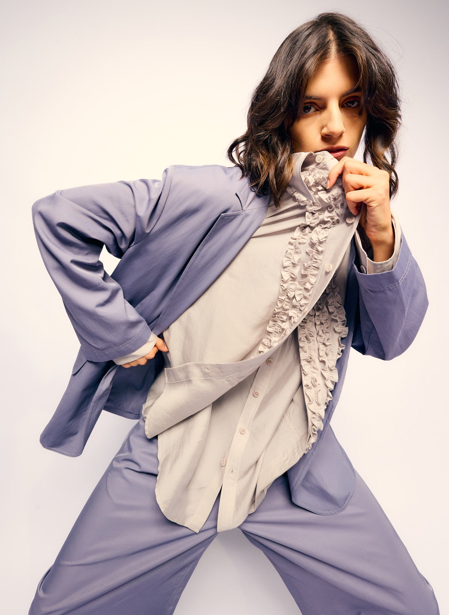 Stone Grey Silk Voile Easy Tuxedo Shirt - editorial campaign on model
