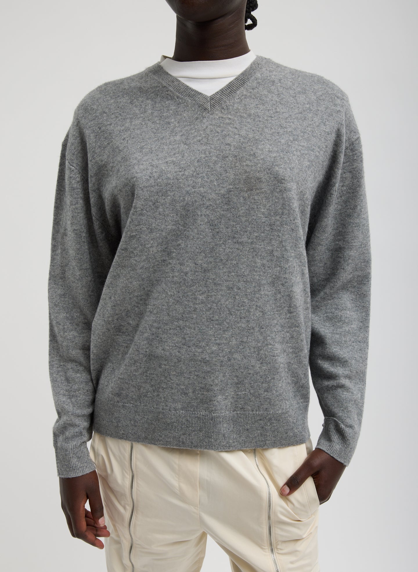 Heather Grey Washable Cashmere Easy V-Neck Sweater - front view on model