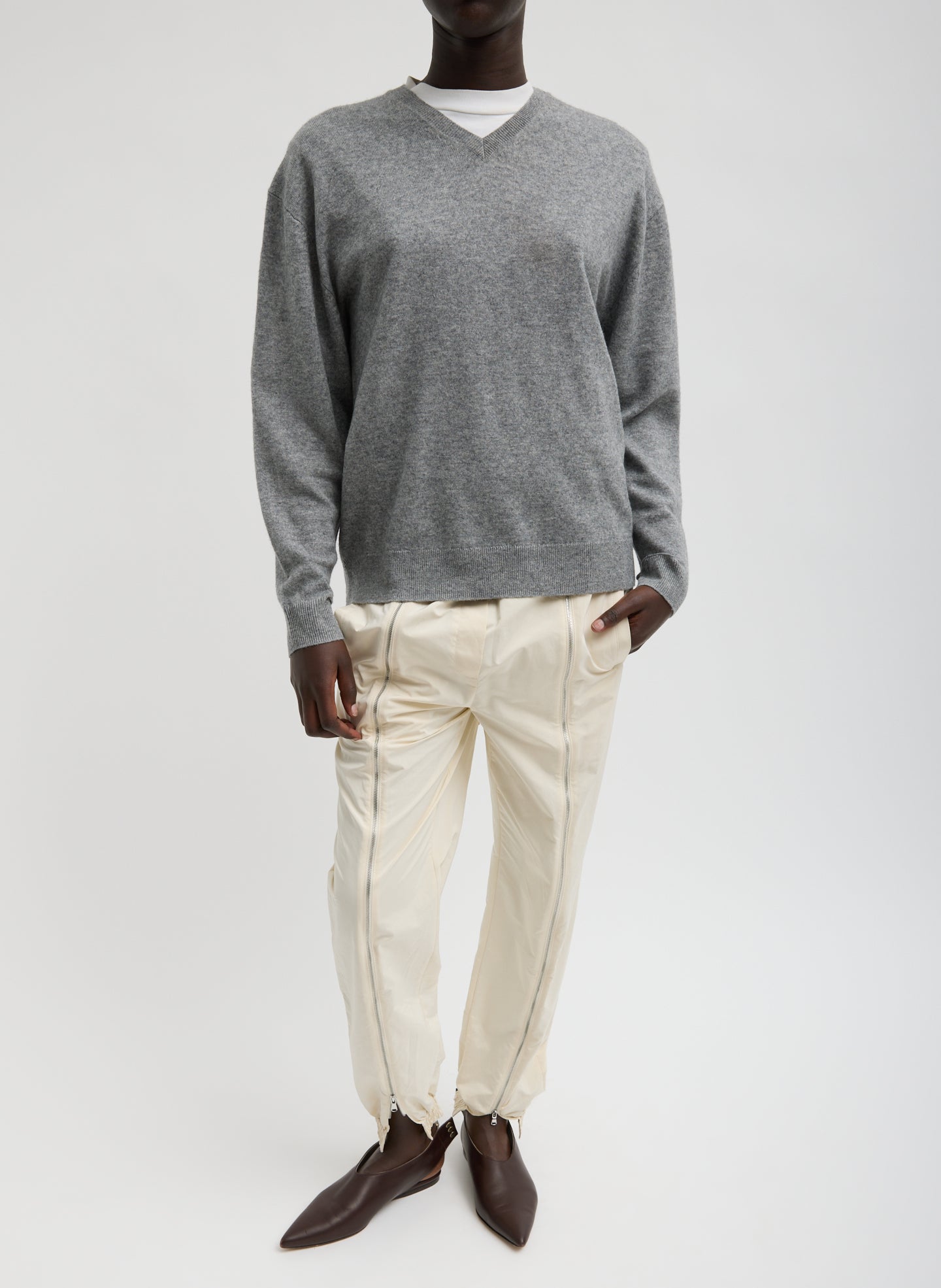 Ivory Nylon Zipper Jogger - full look, front view on model