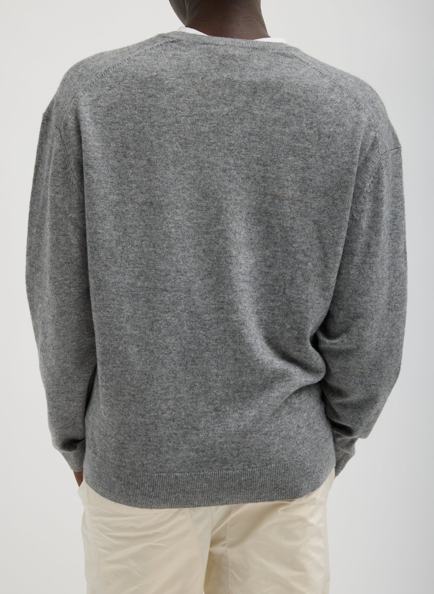 Heather Grey Washable Cashmere Easy V-Neck Sweater - back view on model