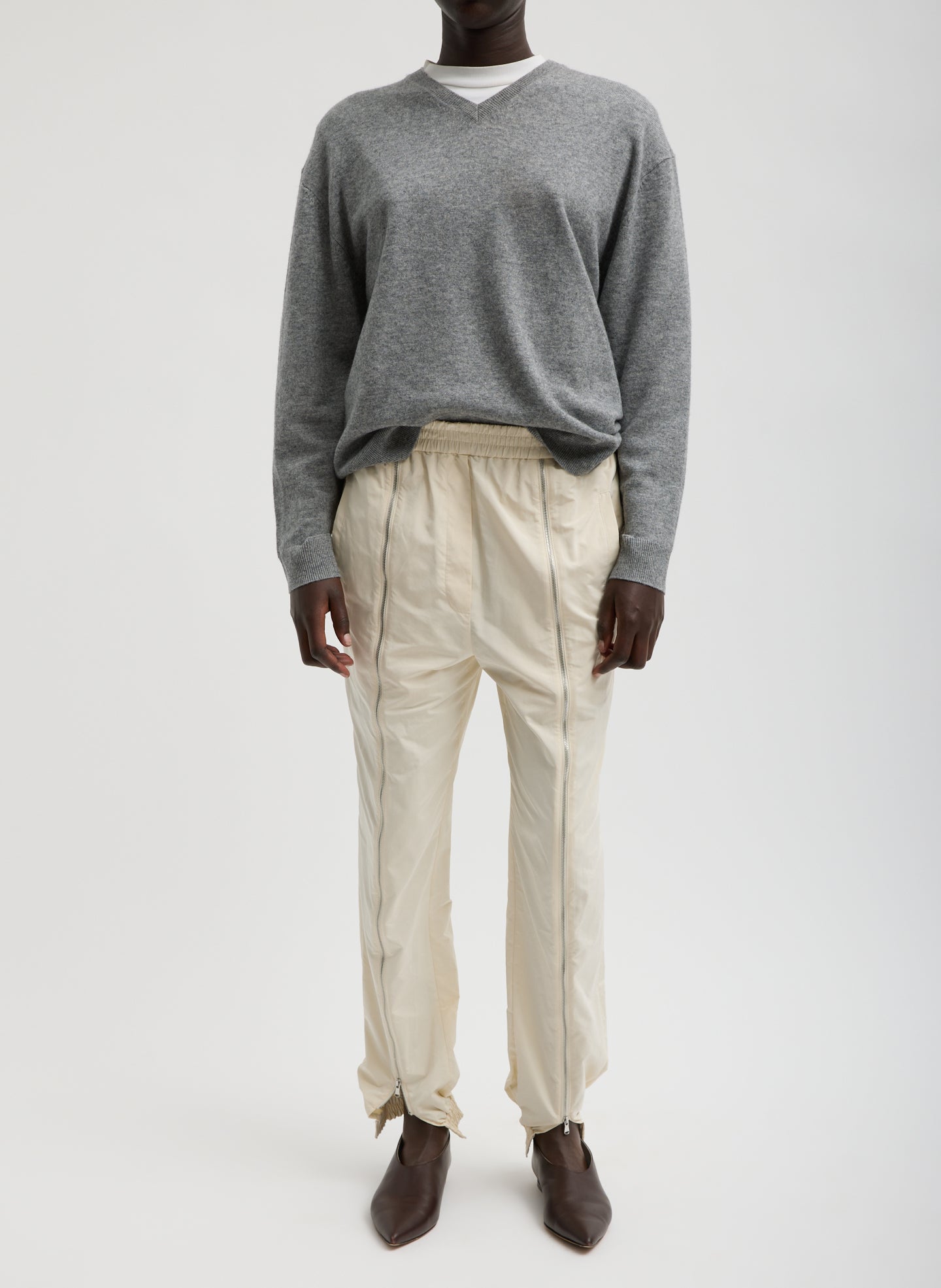 Ivory Nylon Zipper Jogger - full look, front view on model