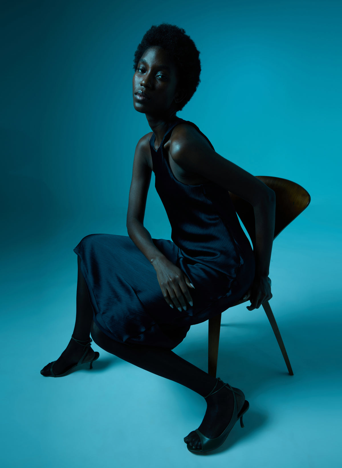 Navy Matte Satin Plisse Midi Bias Dress - editorial image on model