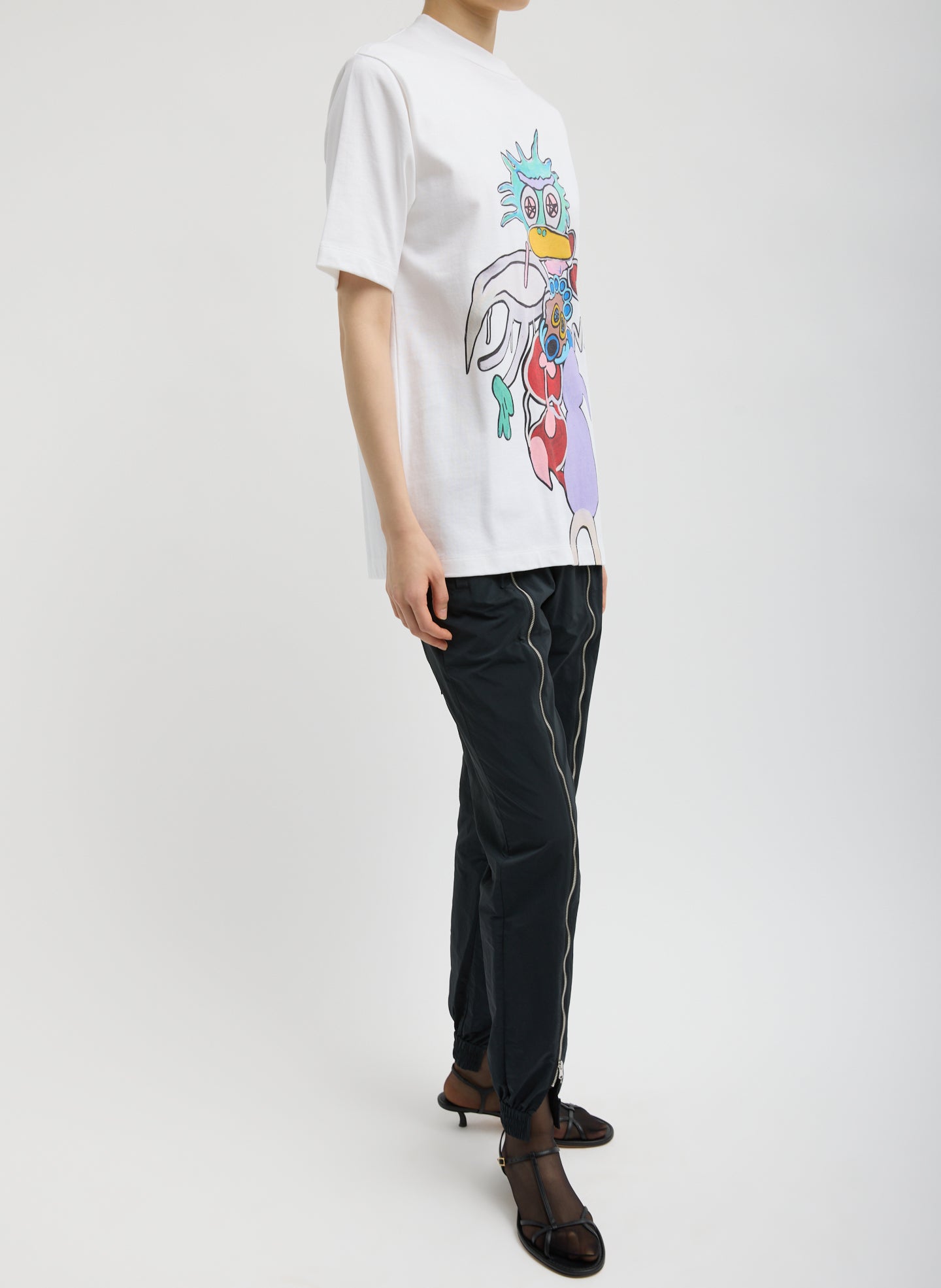 White Perfect Unisex T-Shirt "Untitled" - full look, side view on model