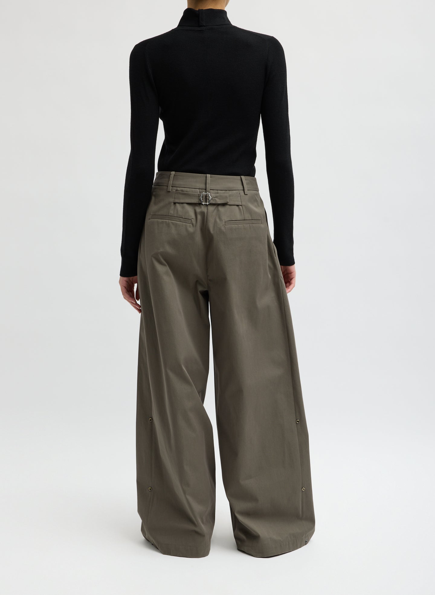 Dark Stone Grey Bio Twill Triple Pleat Pant - pleated wide leg trouser, back view on model