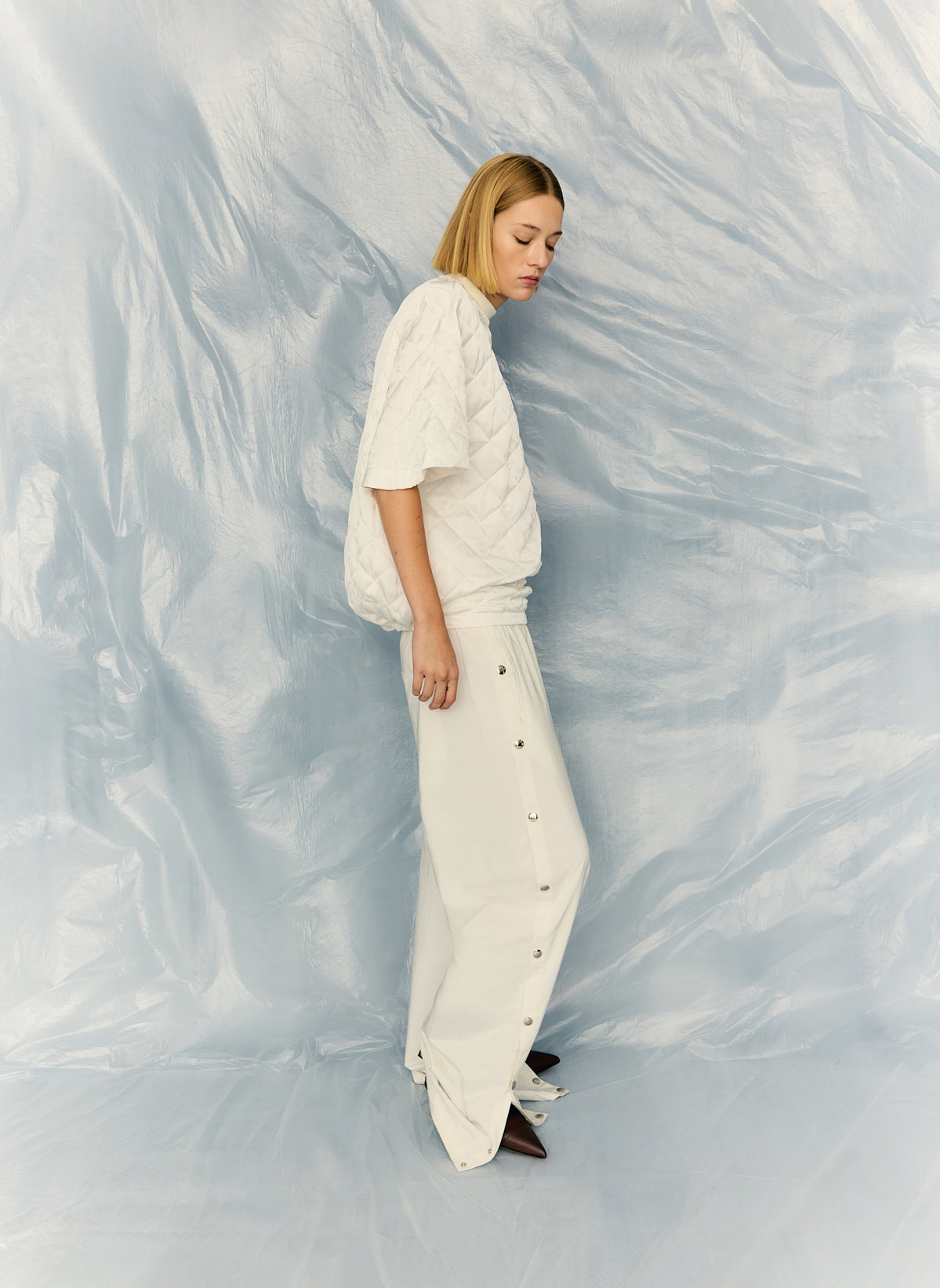 White Nylon Snap Pull On Jogger - editorial campaign on model