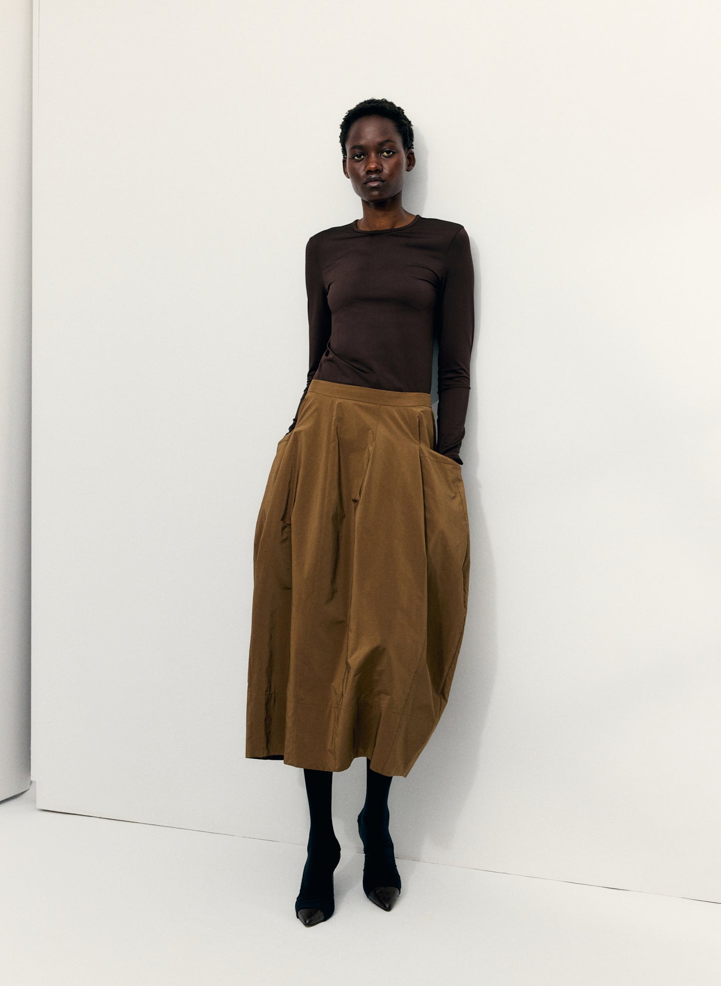 Caramel Latte Brown Nylon Lantern Skirt - editorial campaign on model