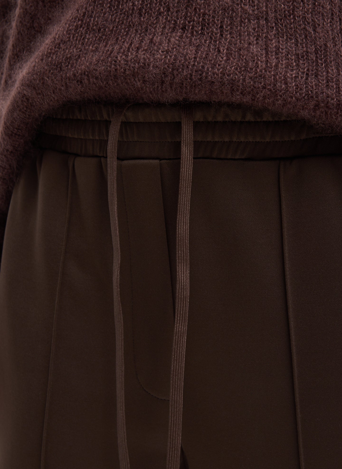 Brown Active Knit Sporty Stirrup Pant - closeup of drawstring detail