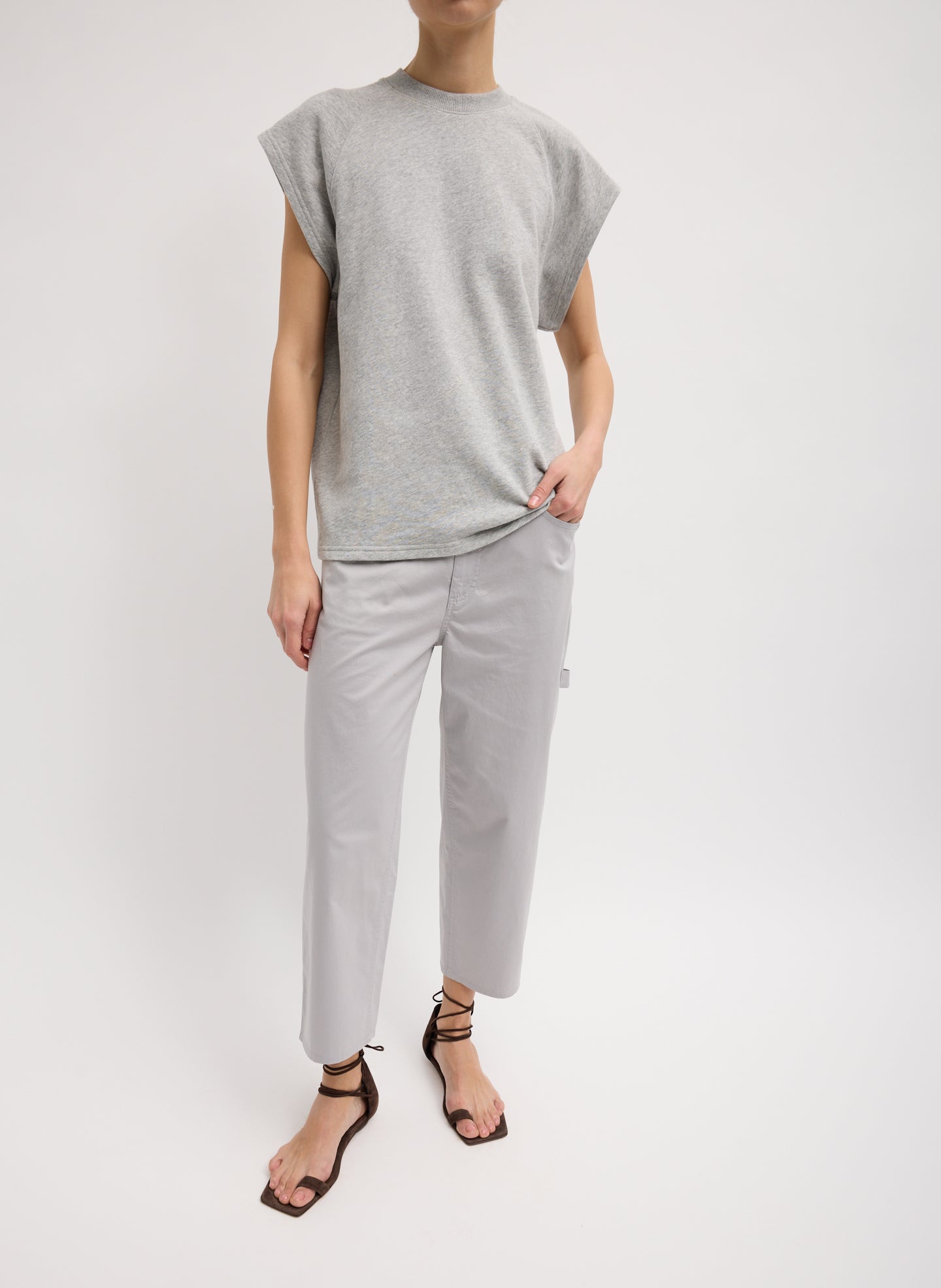 Grey Garment Dyed Silky Cotton Cropped Slouchy Cargo Jean - full look, front view on model