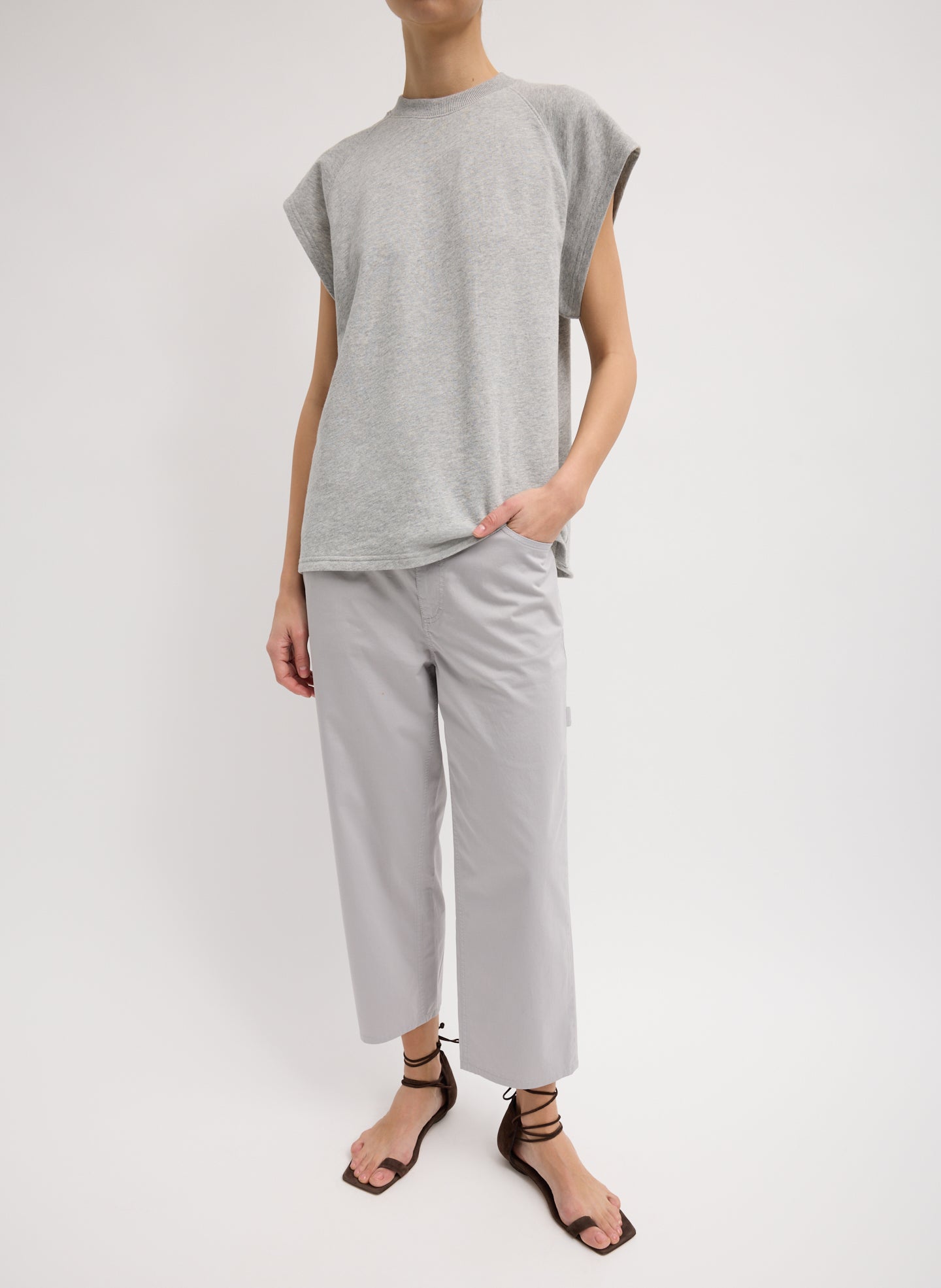 Grey Garment Dyed Silky Cotton Cropped Slouchy Cargo Jean - full look, front view on model