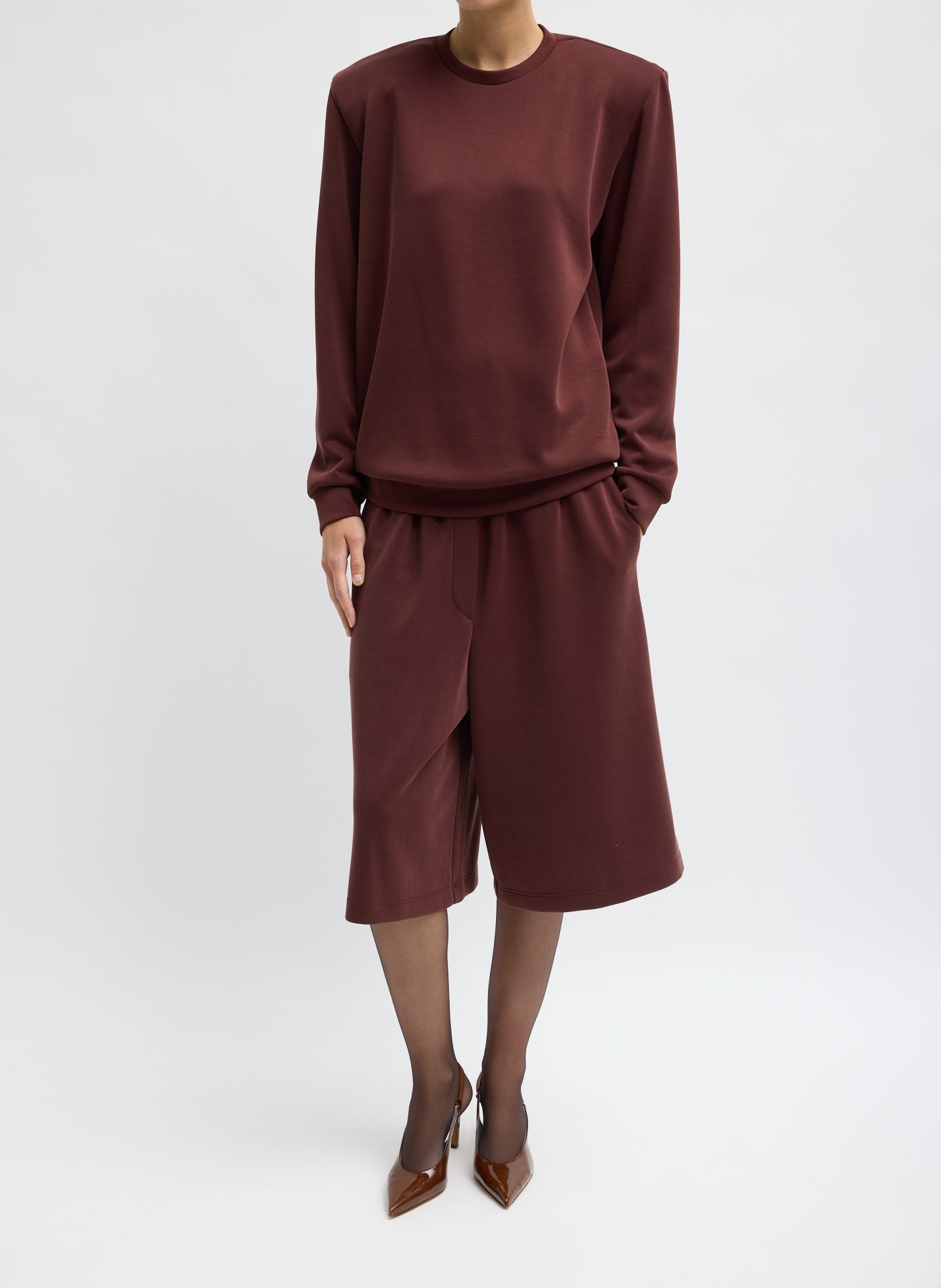 Burgundy Feather Weight Viscose Removable Shoulder Pad Long Sleeve T-Shirt - full look, front view on model