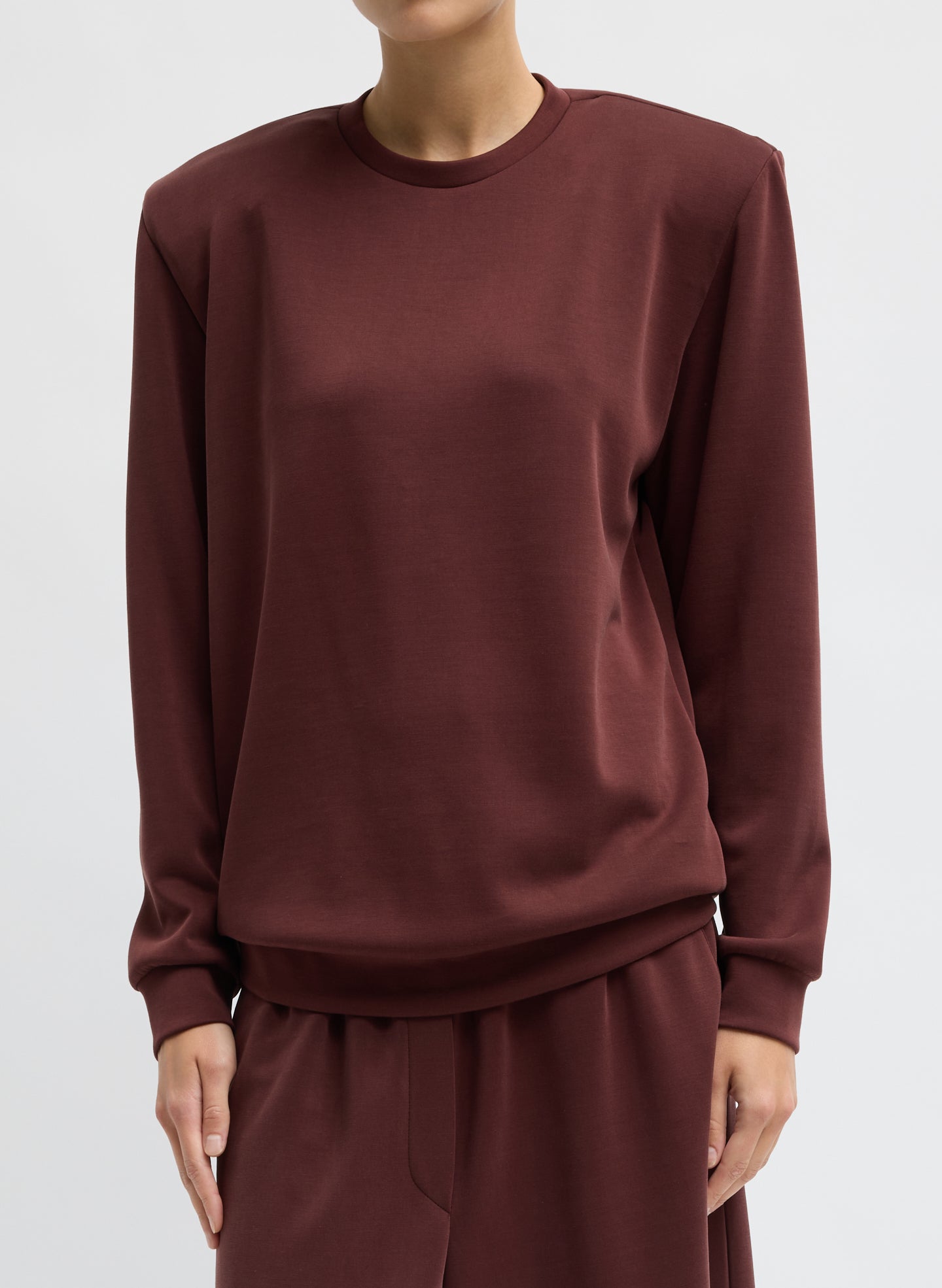 Burgundy Feather Weight Viscose Removable Shoulder Pad Long Sleeve T-Shirt - front view on model