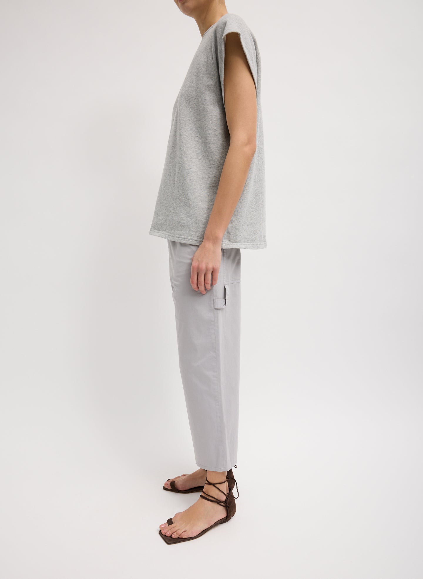 Grey Garment Dyed Silky Cotton Cropped Slouchy Cargo Jean - full look, side view on model