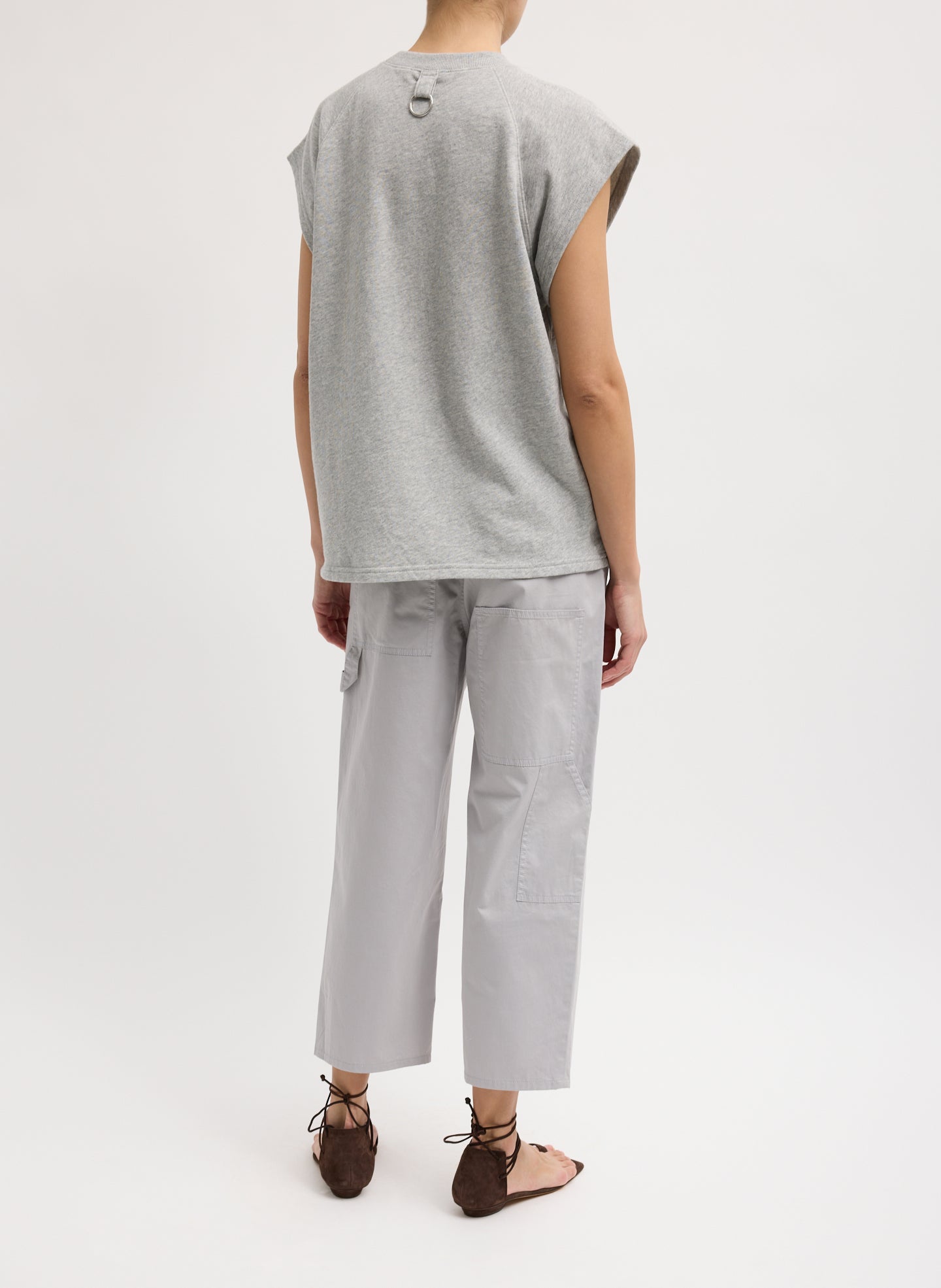 Grey Garment Dyed Silky Cotton Cropped Slouchy Cargo Jean - full look, back view on model