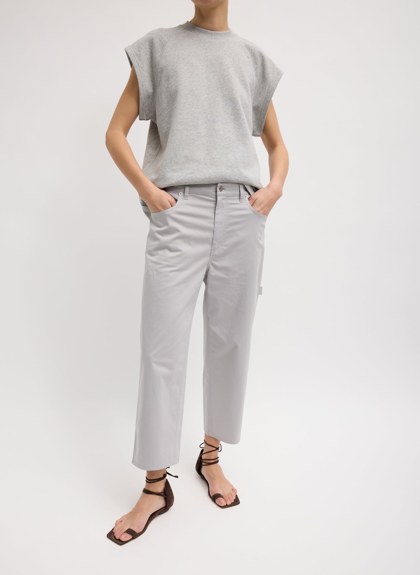 Grey Garment Dyed Silky Cotton Cropped Slouchy Cargo Jean - front view on model