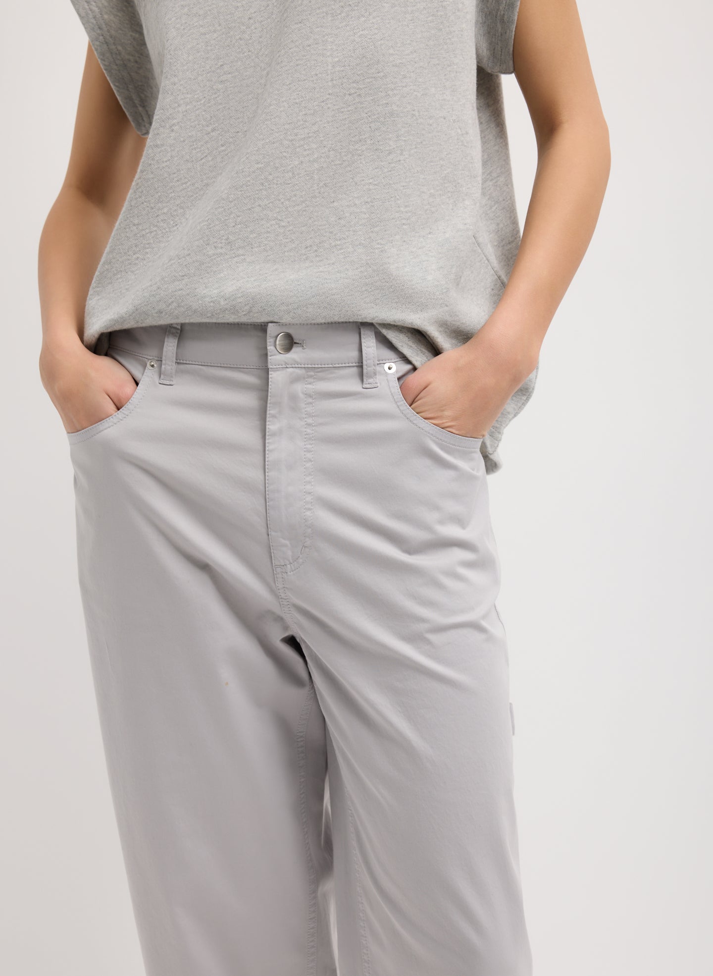 Grey Garment Dyed Silky Cotton Cropped Slouchy Cargo Jean - closeup of front rise detail