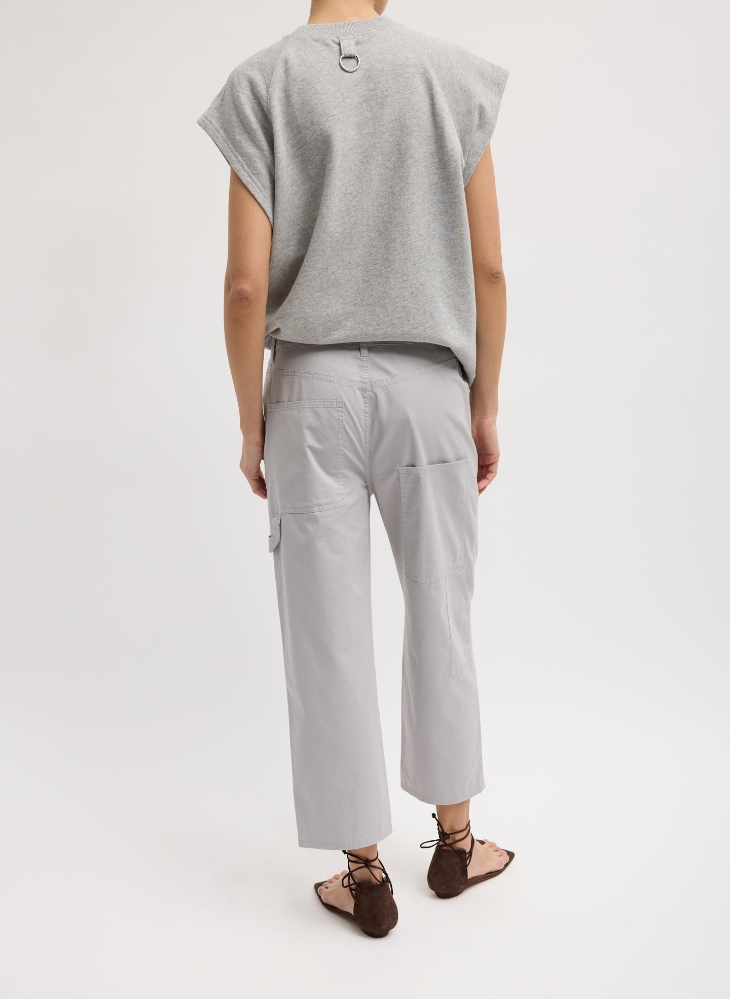 Grey Garment Dyed Silky Cotton Cropped Slouchy Cargo Jean - full look, back view on model