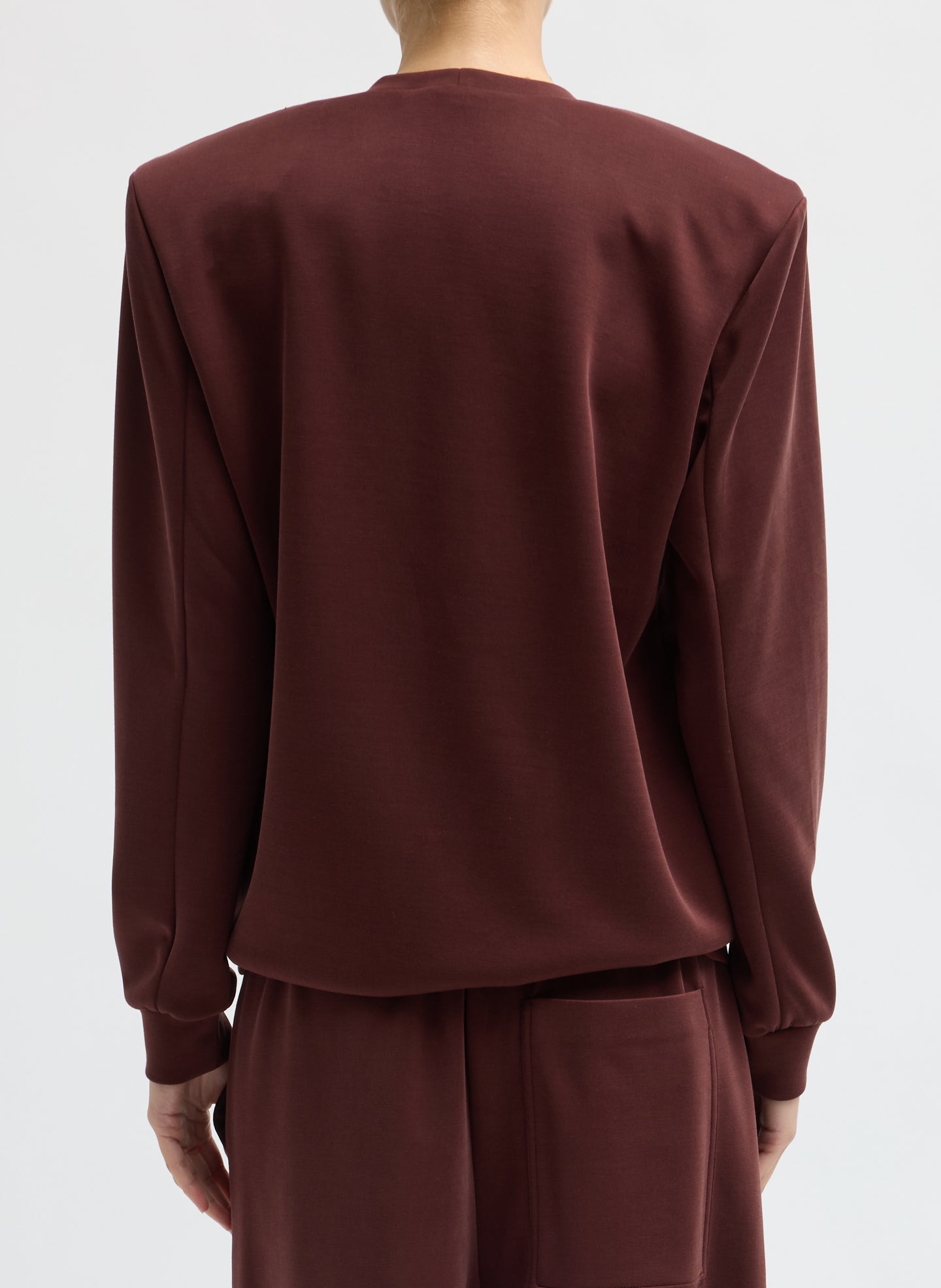 Burgundy Feather Weight Viscose Removable Shoulder Pad Long Sleeve T-Shirt - back view on model