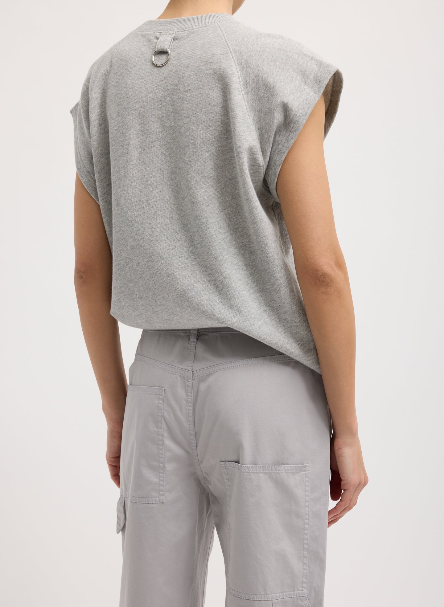 Grey Garment Dyed Silky Cotton Cropped Slouchy Cargo Jean - closeup of back pocket details