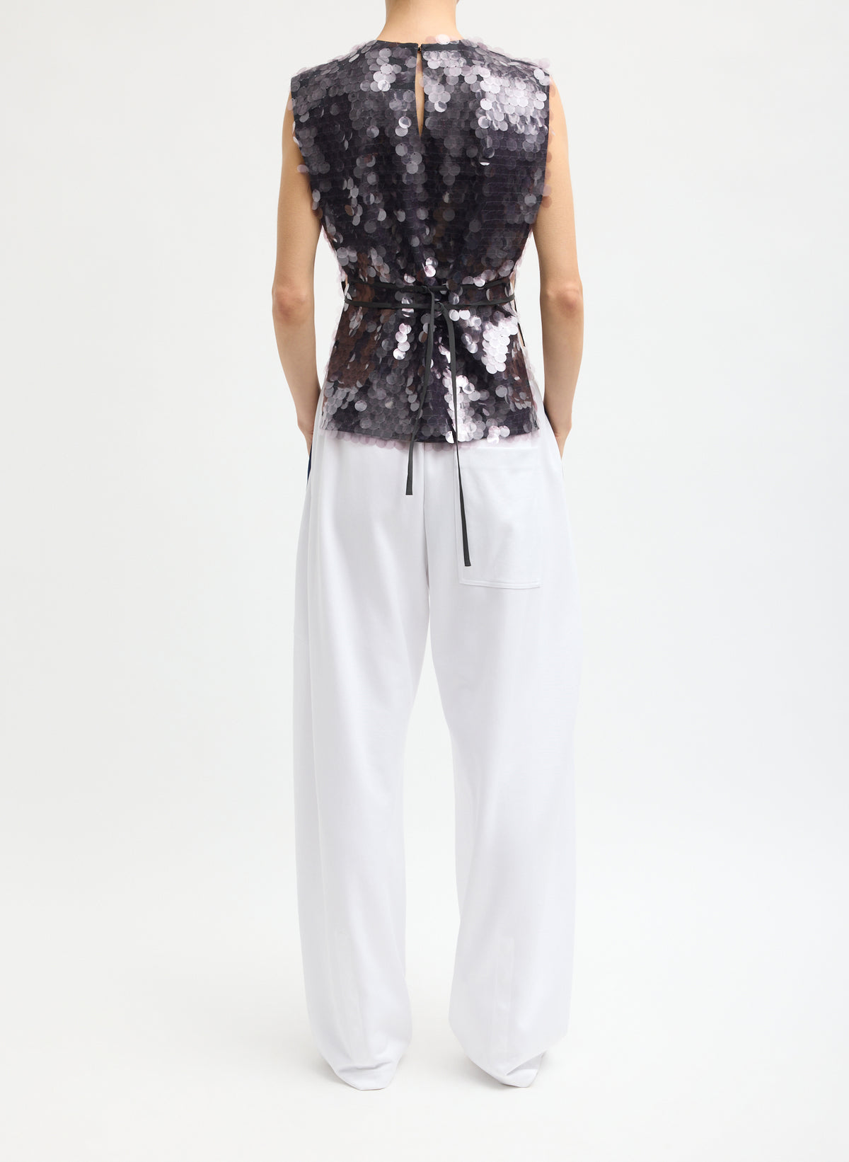 White Active Knit Winslow Pant - barrel leg athleisure track pant, back view on model