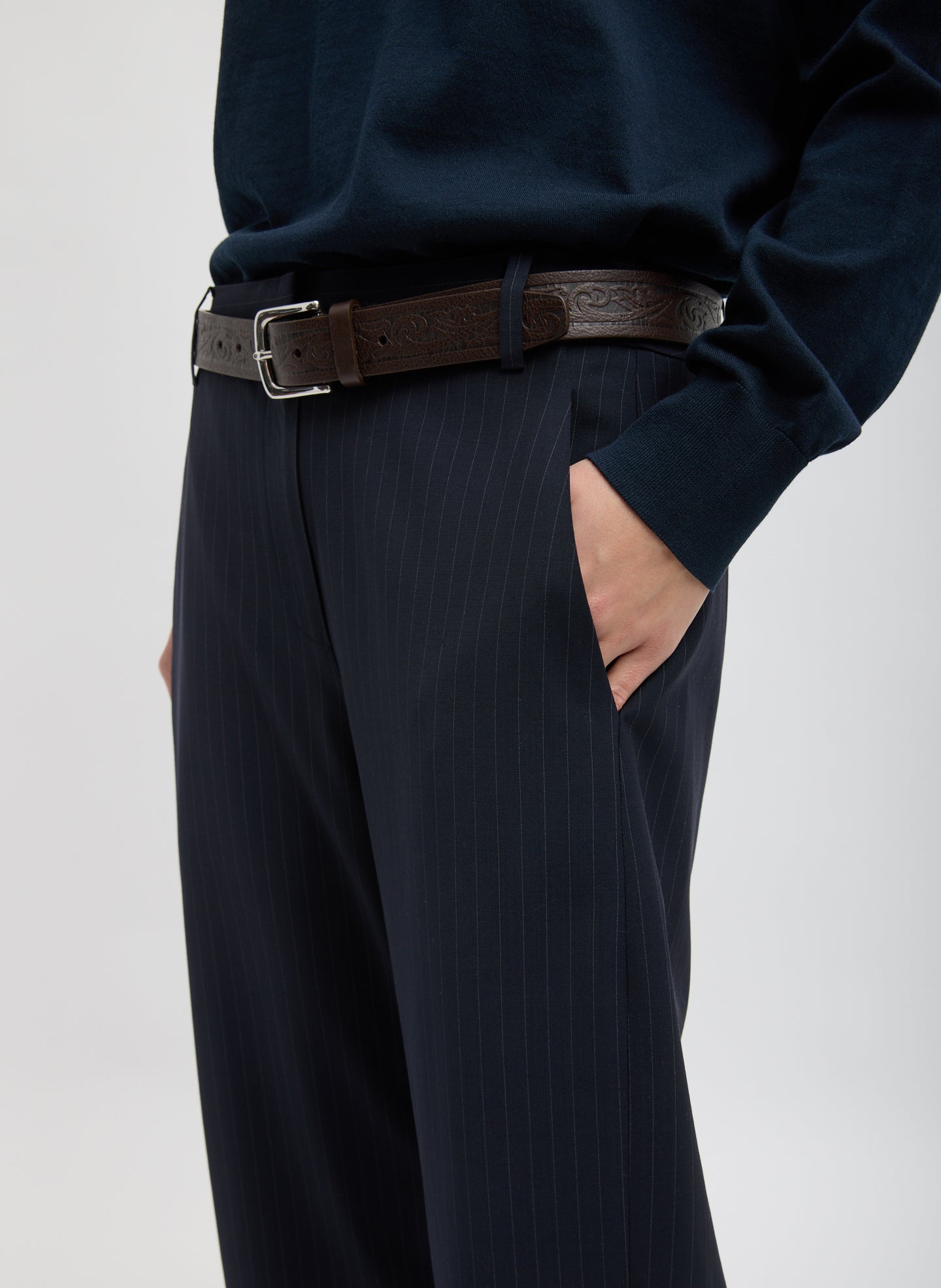 Dominic Pinstripe Reese Sculpted Trouser - closeup of side pocket detail